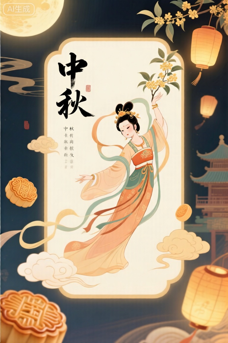 4k,中秋海报,平面插画风格,竖版布局,契合中秋节氛围。画面中心是毛笔撰写的古雅中秋诗词,笔锋刚劲又不失飘逸。嫦娥身着传统汉服,身姿曼妙,手持桂花,在云雾缭绕的月宫中翩翩起舞。周围点缀象征团圆的月饼、灯笼等元素,尽显中秋佳节的喜庆与祥和。,中秋节平面插画