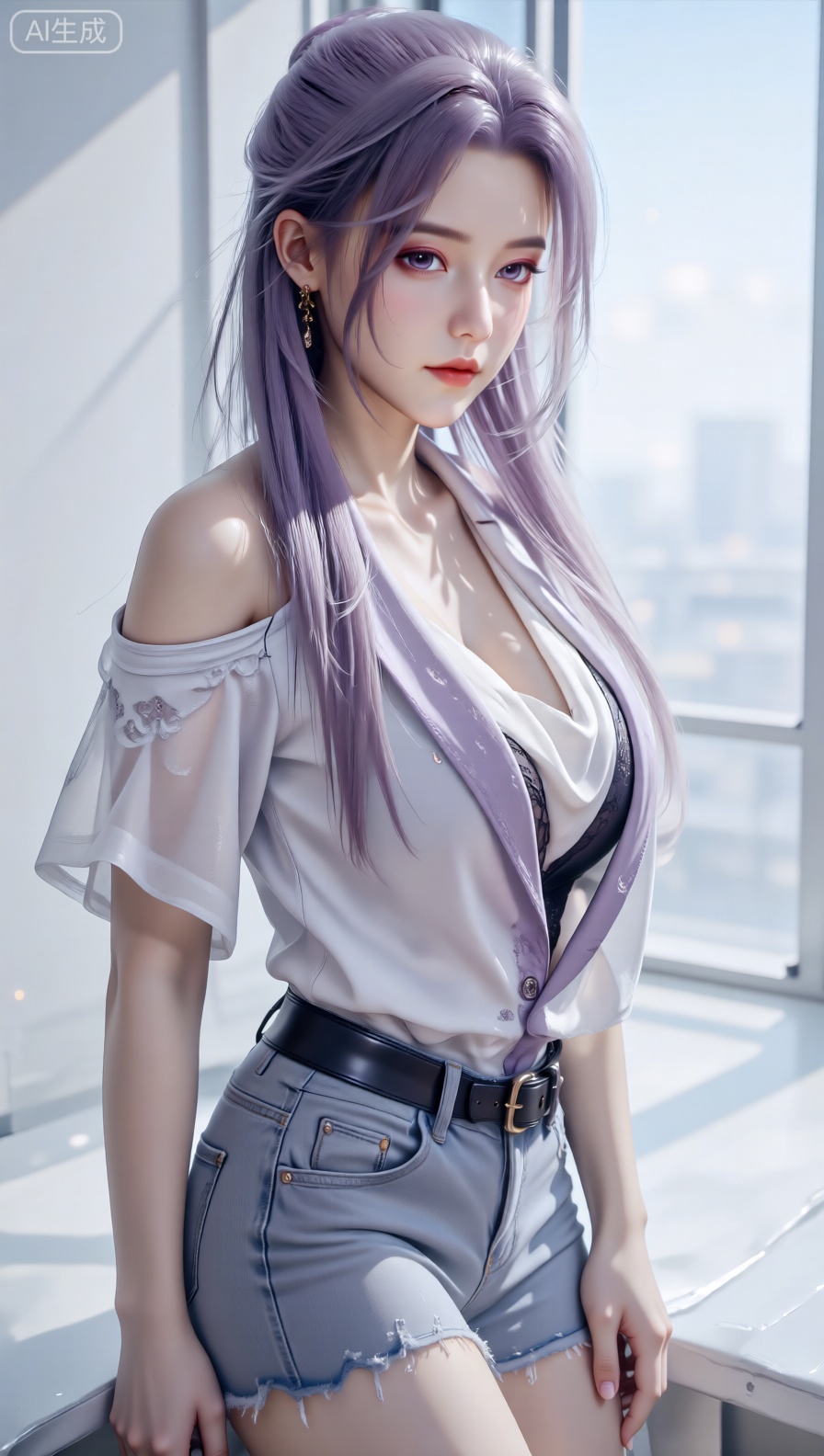 一位女性在明亮的室内场景中,侧身倚靠在窗边。她留着紫色长发,穿着白色的露肩短袖上衣,内搭黑色蕾丝内衣,下身搭配浅灰色的牛仔短裤,腰间系着黑色皮带。整体画面光线充足,营造出清新又时尚的氛围。