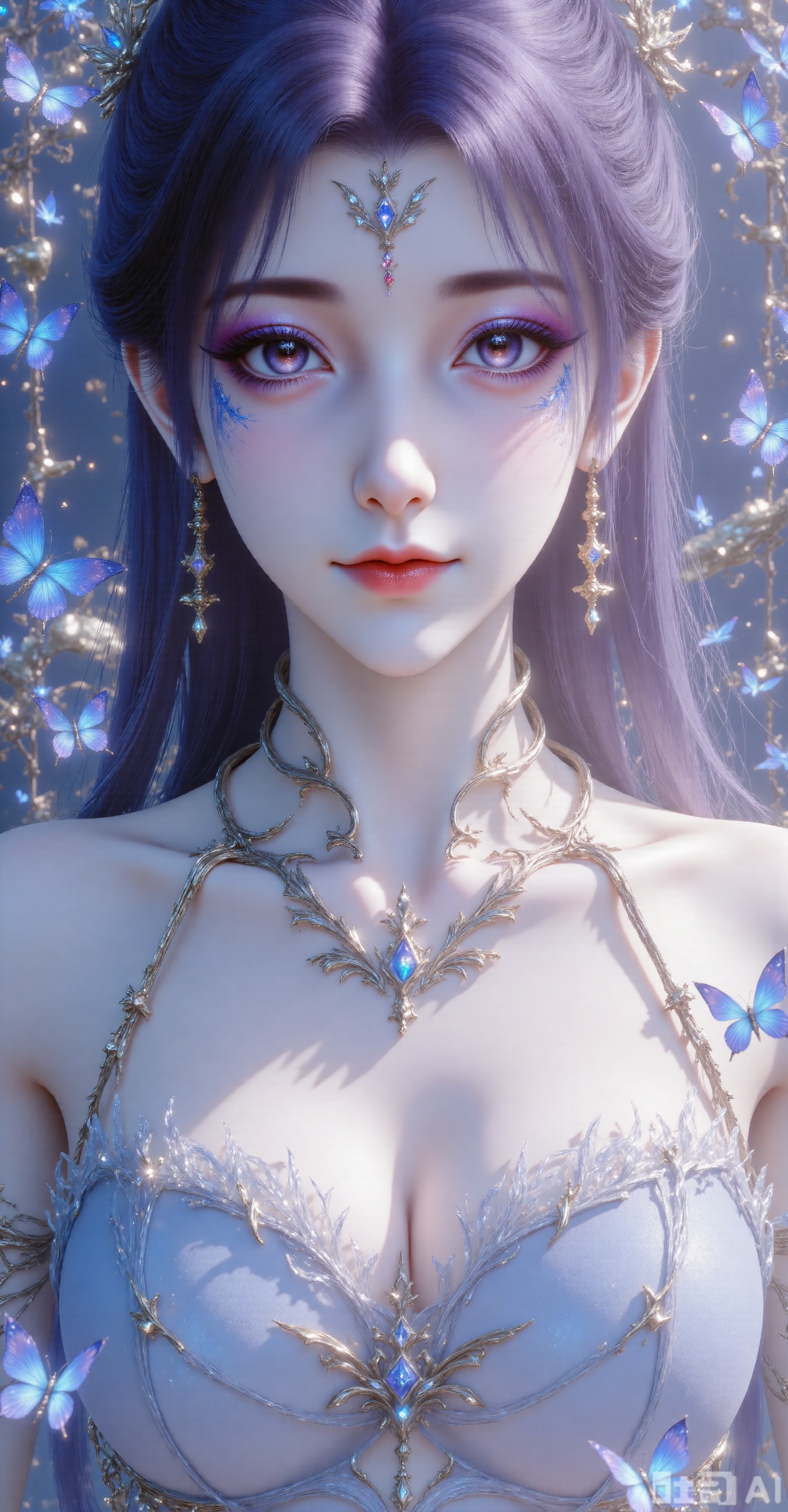 Character: Upper body close-up. Purple hair is flowing, delicate skin, and delicate makeup. Looking at the camera, long eyelashes, natural pink lips. Special Effects Elements: A large number of blue butterflies surround the character, some staying on the cheeks and forehead, and some flying between the hair. The butterfly wings shine with dreamy light, and the exquisite starlight effect creates an extraordinary atmosphere; the expression facing the camera is very calm, with a hint of desire, giving people a feeling of immersed in beautiful fantasy. Front, skirt. Purple hair,