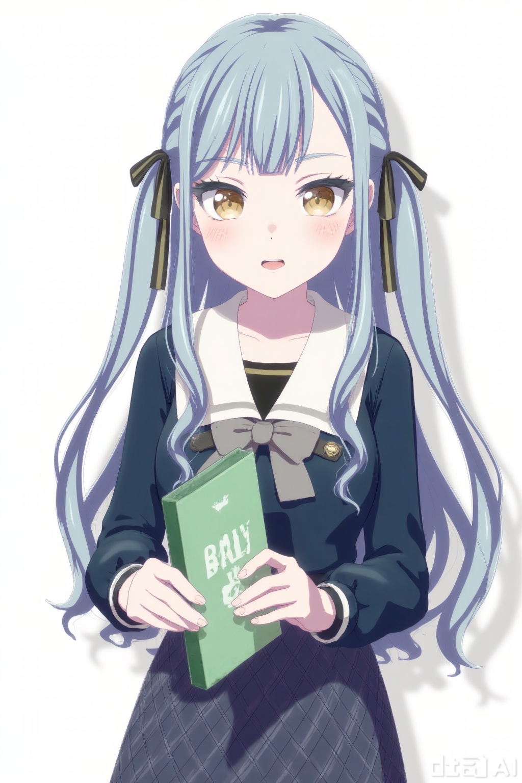 masterpiece, best quality,solo,((white background:1.2)),simple background,
looking at viewer,togawa sakiko,bangs,ribbon,hair ribbon,black ribbon,two side up,blue hair,grey hair,sidelocks,blunt bangs,yellow eyes,
 