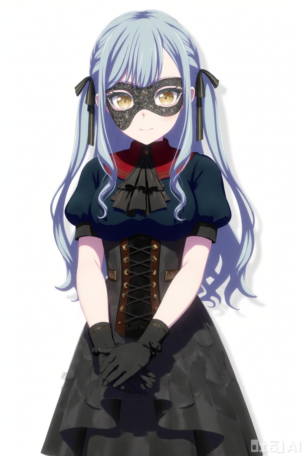 masterpiece, best quality,solo,((white background:1.2)),simple background,
looking at viewer,togawa sakiko,bangs,ribbon,hair ribbon,black ribbon,two side up,blue hair,grey hair,sidelocks,blunt bangs,yellow eyes,black_mask
Oblivionis type,short sleeves, black gloves,red collared shirt,puffy sleeves, jewelry,black dress,layered skirt, puffy short sleeves,black ascot,gold_trim 