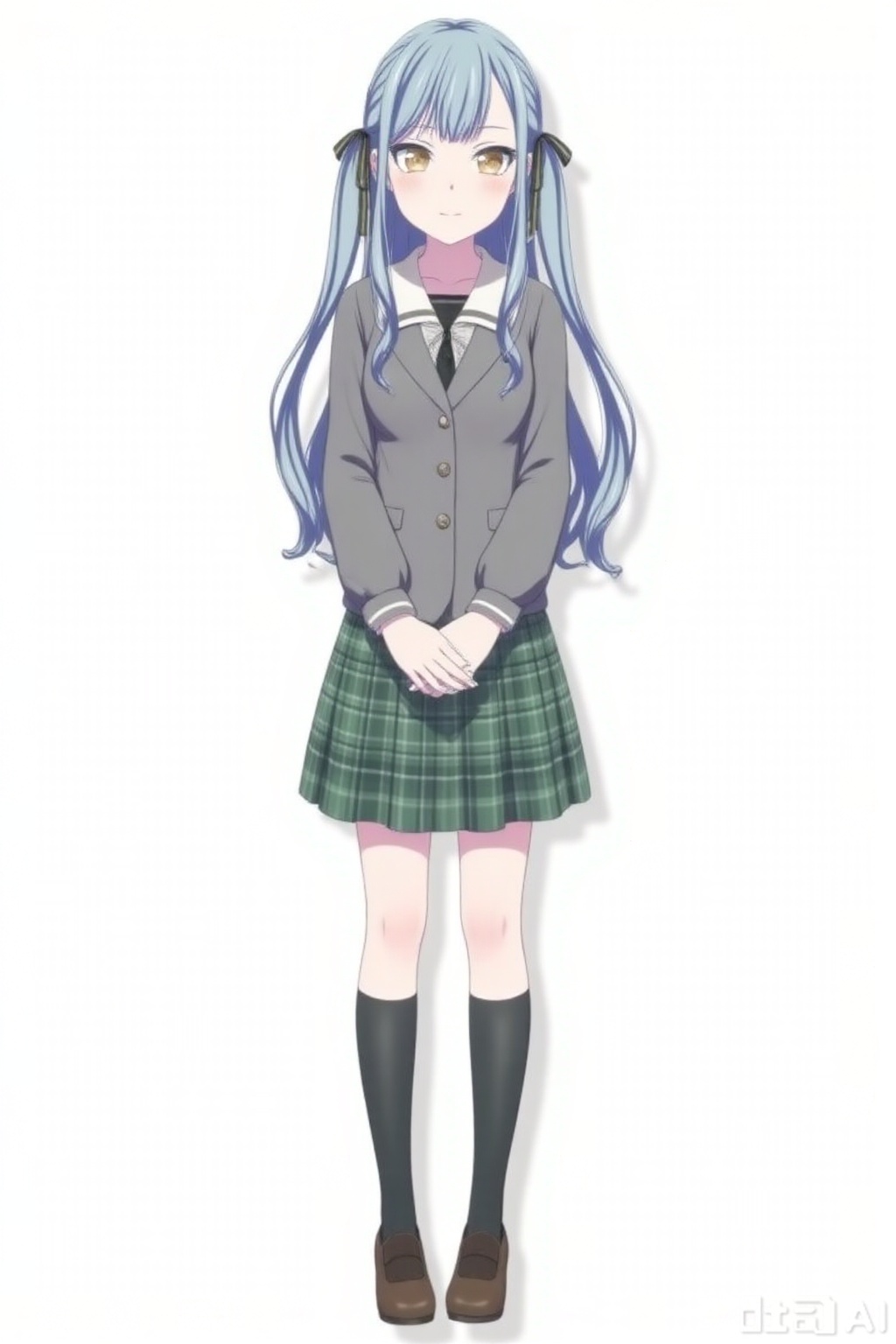 masterpiece, best quality,solo,((white background:1.2)),simple background,
looking at viewer,togawa sakiko,bangs,ribbon,hair ribbon,black ribbon,two side up,blue hair,grey hair,sidelocks,blunt bangs,yellow eyes,
 Haneoka school uniform,green pleated skirt,necktie,shoes,black footwear, kneehighs,plaid skirt,black socks,loafers, grey jacket