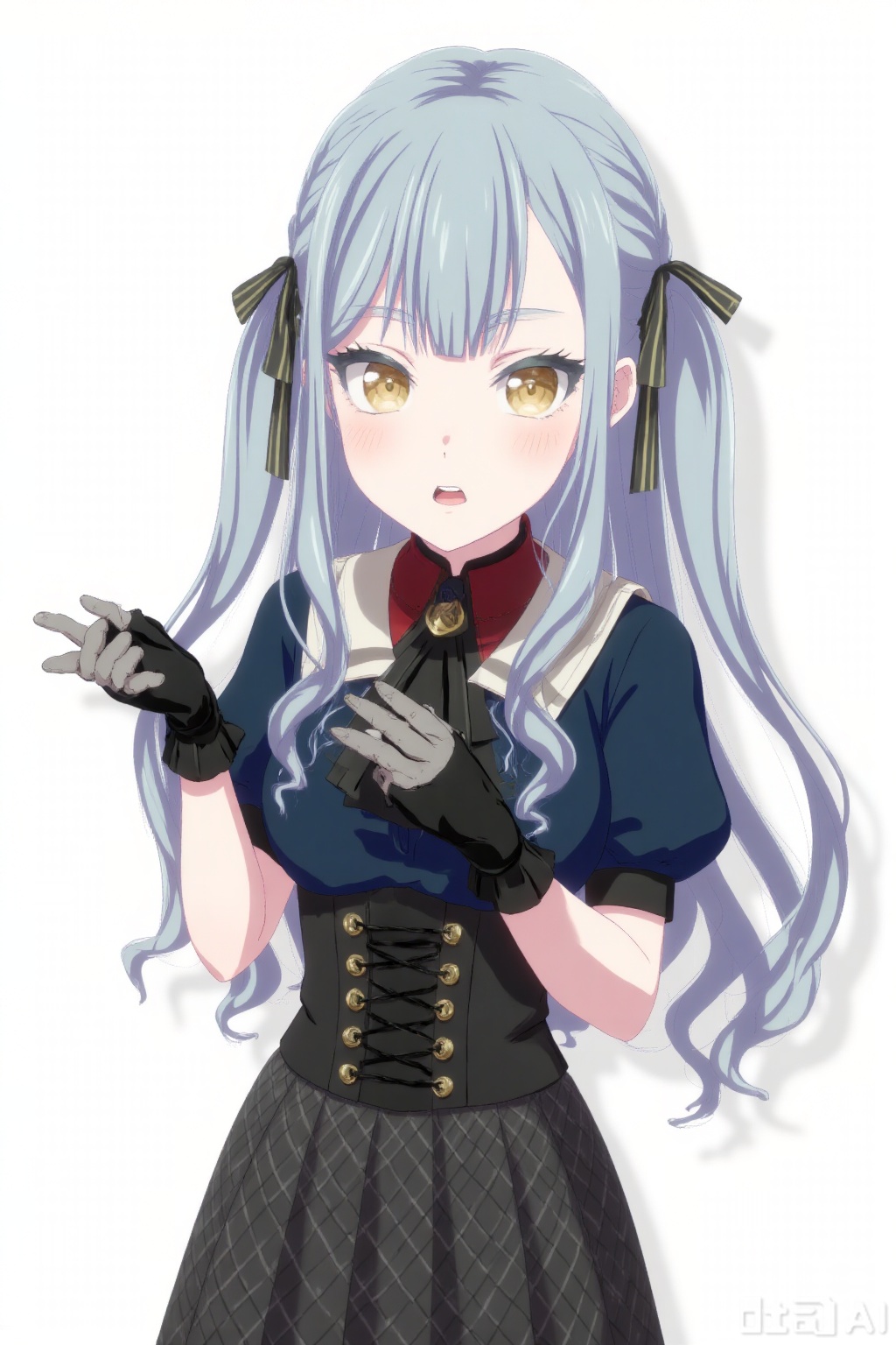 masterpiece, best quality,solo,((white background:1.2)),simple background,
looking at viewer,togawa sakiko,bangs,ribbon,hair ribbon,black ribbon,two side up,blue hair,grey hair,sidelocks,blunt bangs,yellow eyes,
Oblivionis type,short sleeves, black gloves,red collared shirt,puffy sleeves, jewelry,black dress,layered skirt, puffy short sleeves,black ascot,gold_trim 