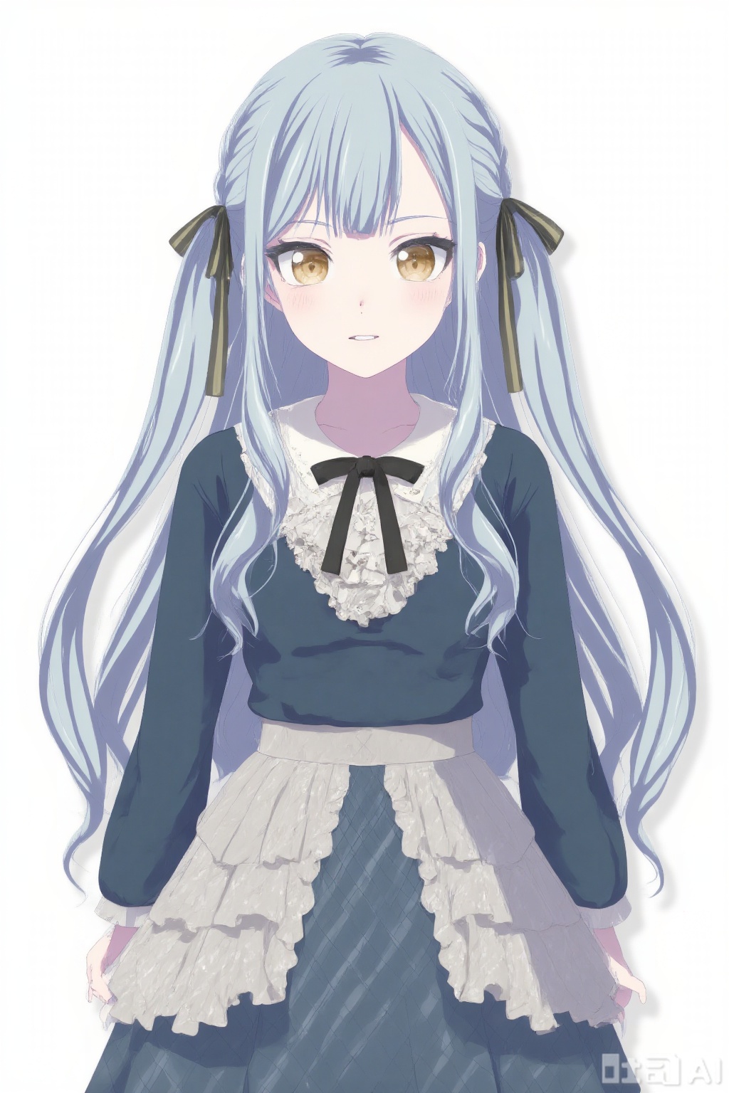 masterpiece, best quality,solo,((white background:1.2)),simple background,
looking at viewer,togawa sakiko,bangs,ribbon,hair ribbon,black ribbon,two side up,blue hair,grey hair,sidelocks,blunt bangs,yellow eyes,
 