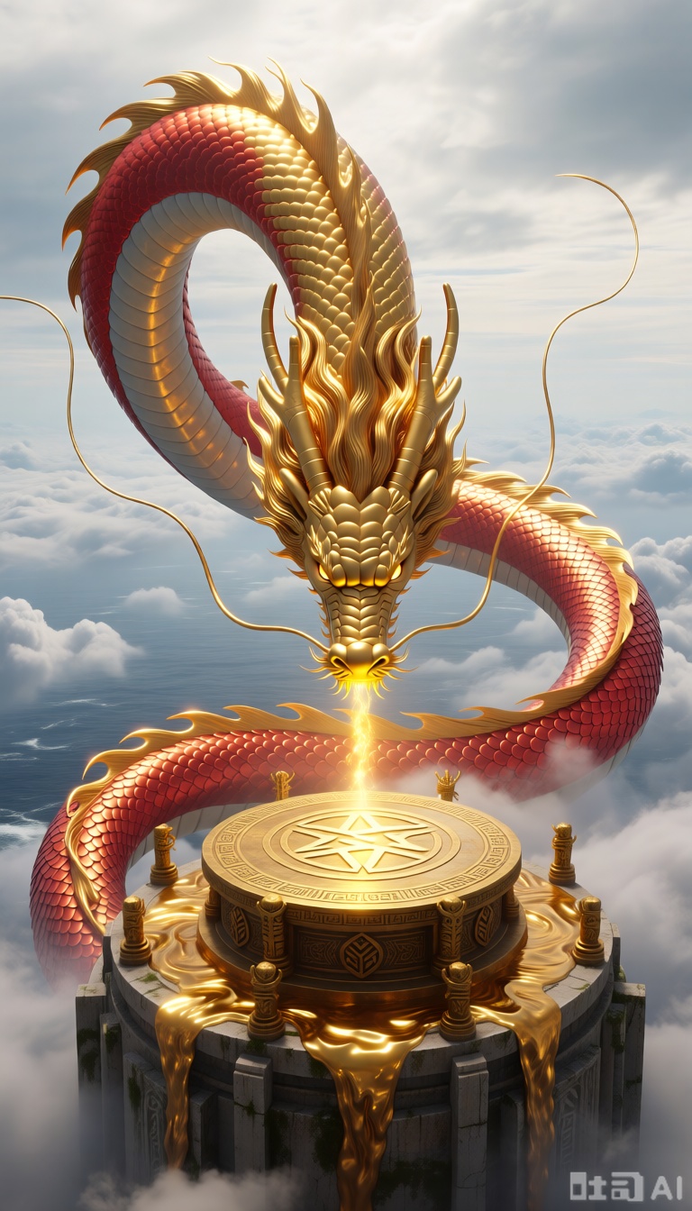 Masterpiece, best quality, ultra-high resolution, 8k, photorealistic, CG render, Unreal Engine 5, drgn_stly. Upon a gilded altar, weathered by time and situated high above a sea of clouds, a colossal and slender five-clawed golden divine dragon, its immensely long, serpentine body acting as a living barrier, majestically coils around the altar. Its colossal head hangs down directly over the altar's center, partially obscuring a glowing rune. The dragon's scales are not pure gold, but a biological keratin with a living metallic sheen, displaying a natural gradient from pale gold to rich red-gold. The center of each scale possesses an internal luminescence brighter than the sun, and ancient sacrificial totems are intricately carved upon them. Its long whiskers are like golden threads of energy. The distant sea of clouds churns behind it, and ancient, liquid-gold-like patterns flow across the altar's surface.