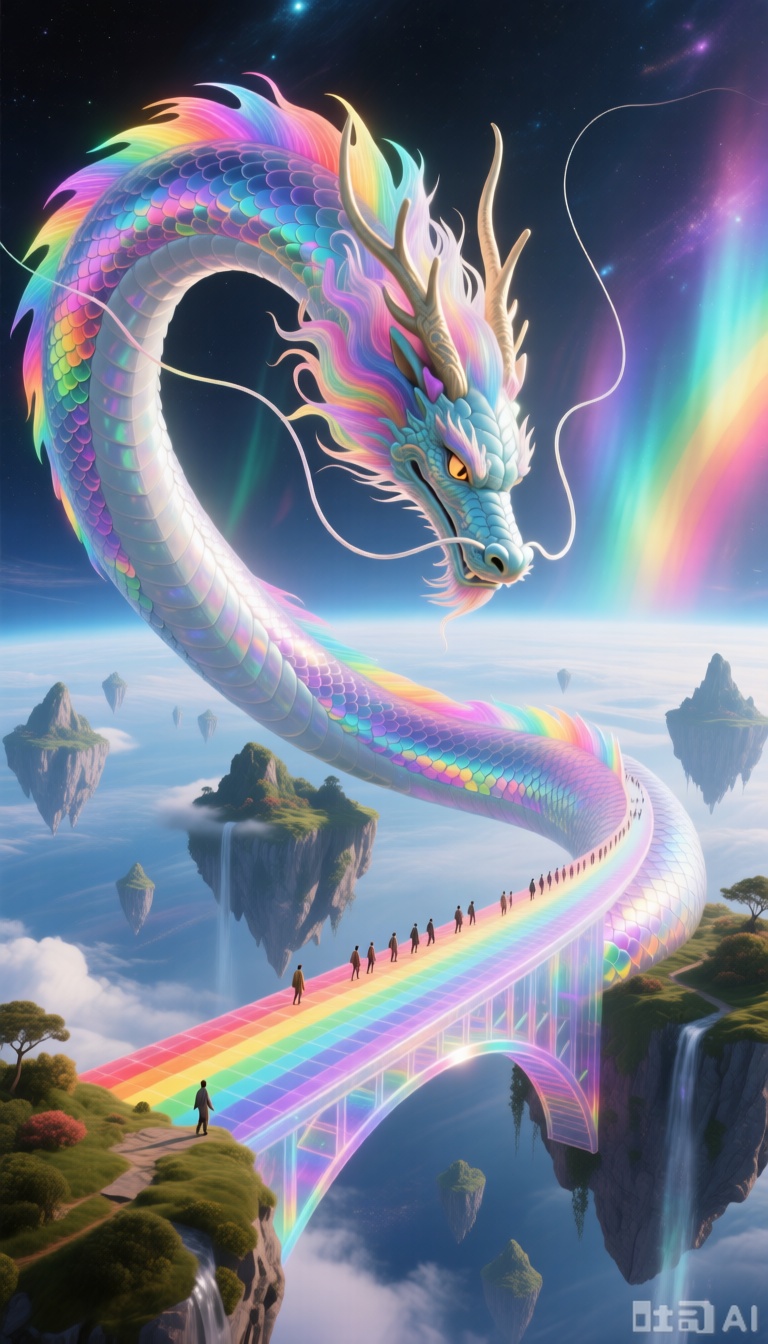 Masterpiece, best quality, ultra-high resolution, 8k, photorealistic, CG render, Octane render, drgn_stly. Amidst a cluster of fantastical islands floating in space, connected by a colossal rainbow bridge, a giant and slender multicolored divine dragon, its immensely long, serpentine body like a living rainbow, gracefully extends between two islands, transforming into a bridge of pure light. Its scales are translucent, capable of capturing and scattering all spectrums of cosmic light. Each scale refracts flowing and shifting iridescent colors, and as it moves, it leaves a trail of flowing aurora behind it. Its long whiskers are pure, constantly changing bands of light. The dragon's head is lowered, its eyes filled with guiding wisdom, gazing down at the tiny travelers passing over its body.