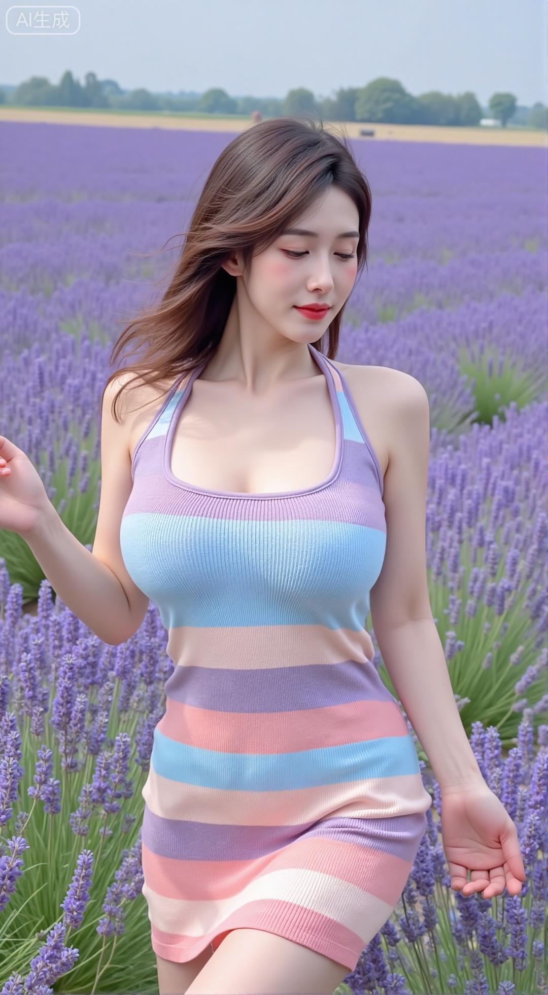(masterpiece,best quality:1.23),An oriental beauty with snow-white skin, in a colorful striped knit short halter bodycon dress, lavender field background, wind blowing the skirt, eyes closed in enjoyment, fresh and natural, photorealistic style,(huge breasts, full breasts:2.99),,XXbaifengsongyuYH,Xbigbreasts,Xstripeddress,Xguofengqipao