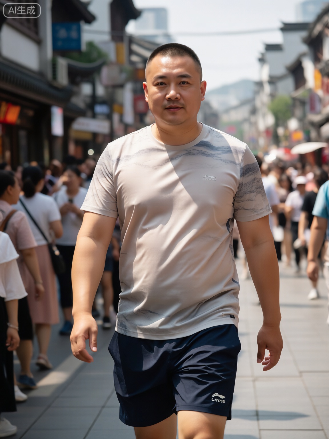 自然风格,杰作,高品质,高分辨率,街景。
一位成年男性特写,微体脂的身材,他留着清爽寸头,身着简约或带有图案的短袖,面料自然,展现日常质感,下穿李宁短裤,长度适中,款式时尚。他皮肤透着日晒后的色泽。眼神有神,神态自然。
正随意地行走在热闹大街上,周围是熙熙攘攘的人群,阳光充足,洒在他身上,勾勒出自然的光影,充满生活气息与真实感。