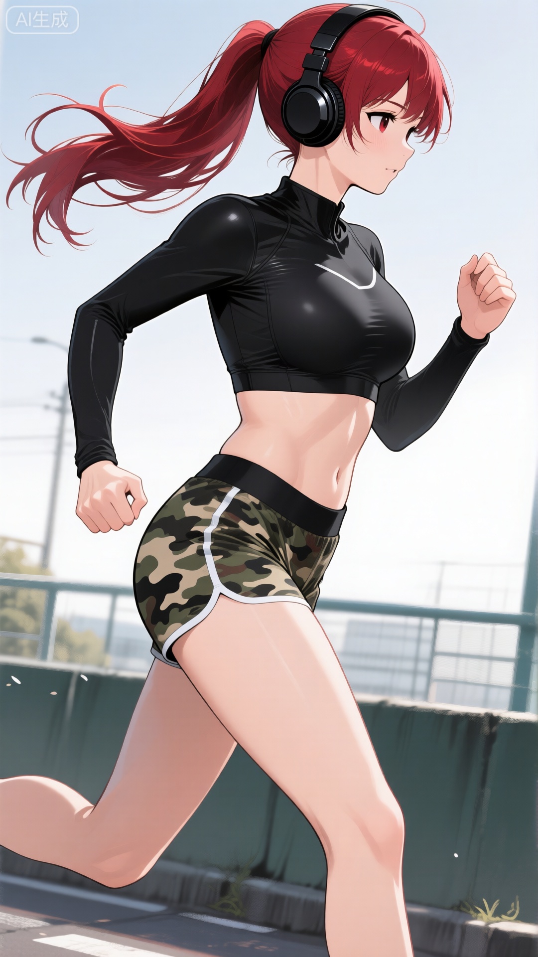 二次元动漫风格下的性感运动美女,身着黑色紧身运动衣与迷彩运动短裤,勾勒出饱满的胸部与修长的双腿,酒红色长发扎成低马尾,耳后别着黑色运动耳机,正迈开步子奔跑,发丝与衣角向后扬起,眼神专注又带魅惑,完美融合运动的动感与二次元的性感特质。
,细腻刻画