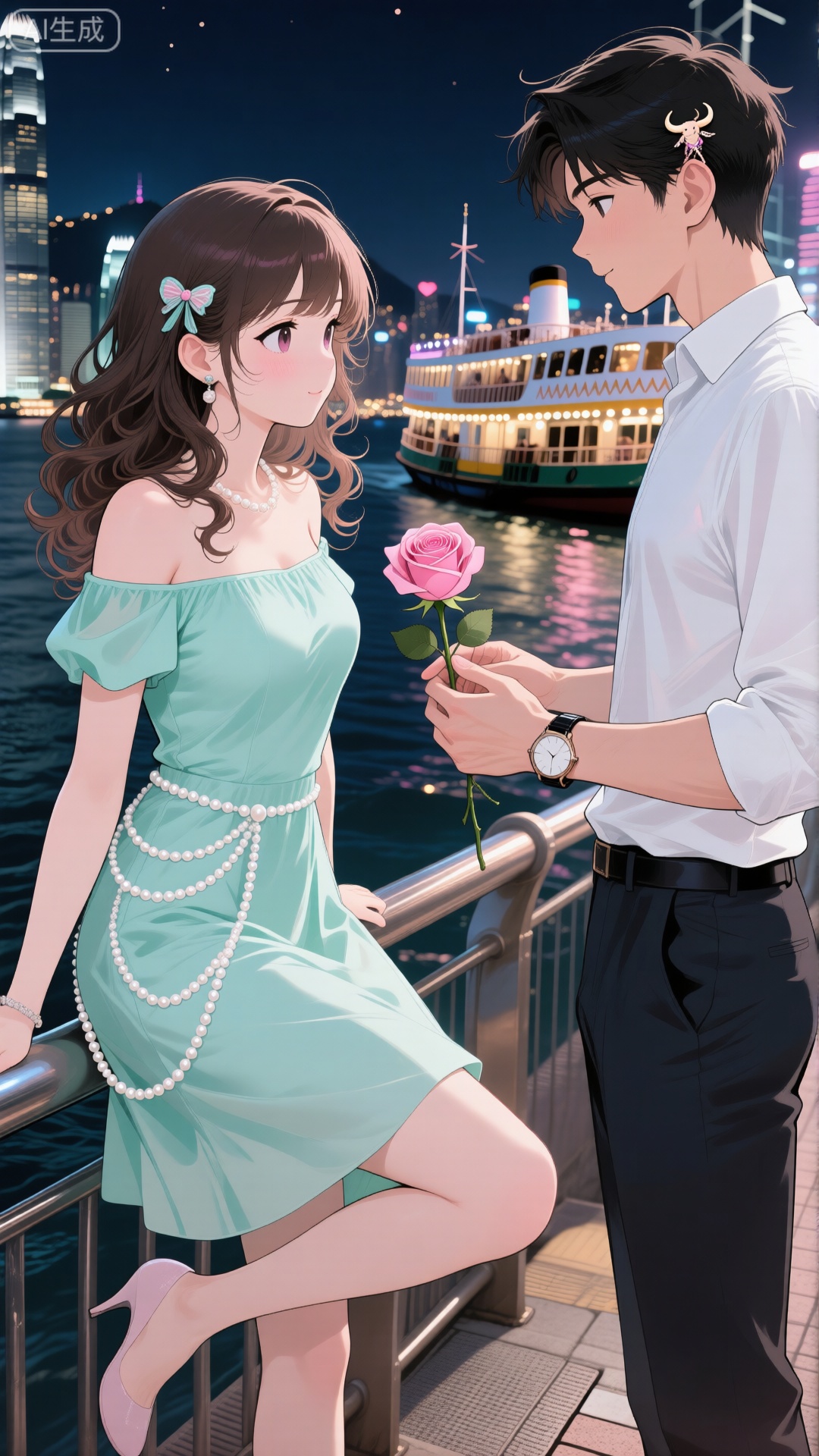 以港式二次元动漫为基调,七夕夜的维多利亚港旁,波浪卷美少女身着薄荷绿露肩连衣裙,裙摆缀着珍珠链条,正踮脚给穿白色衬衫的英俊青年戴牛郎织女造型发夹；青年袖口挽起露出手表,掌心托着粉色玫瑰,远处是亮着灯的天星小轮,画面满是港式浪漫的甜酷氛围。,细腻刻画