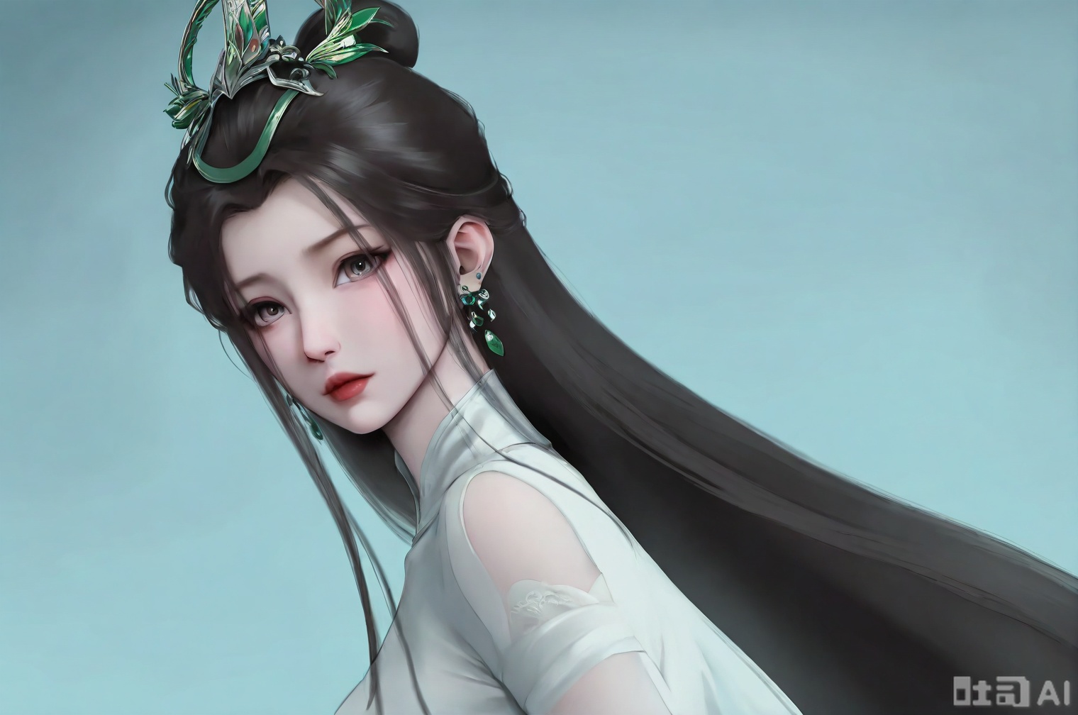 ((very awa)),(solo),highly detailed,(best quality),((masterpiece)),1girl,,spot color,shouhui,lineart,chi,sketch,flat color,ge,,looking_at_viewer,simple background,lujiajia,long hair,jewelry,black hair,earrings,colored skin,hair ornament,mature female,,upper_body,