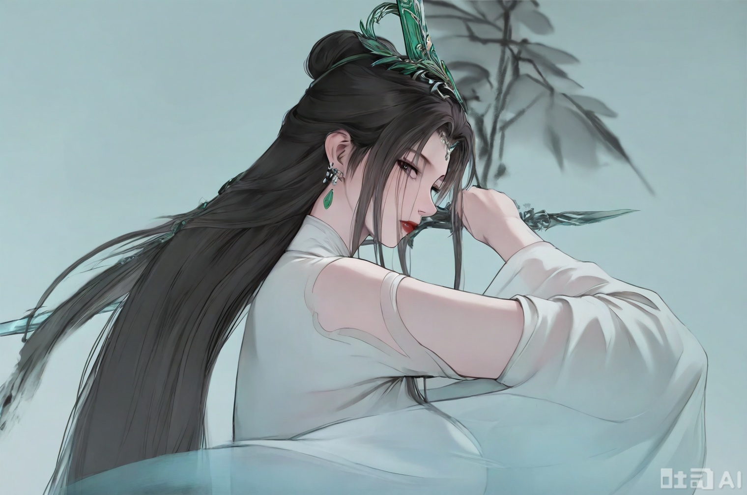 ((very awa)),(solo),highly detailed,(best quality),((masterpiece)),1girl,,spot color,shouhui,lineart,chi,sketch,flat color,ge,,looking_at_viewer,simple background,lujiajia,long hair,jewelry,black hair,earrings,colored skin,hair ornament,mature female,,upper_body,