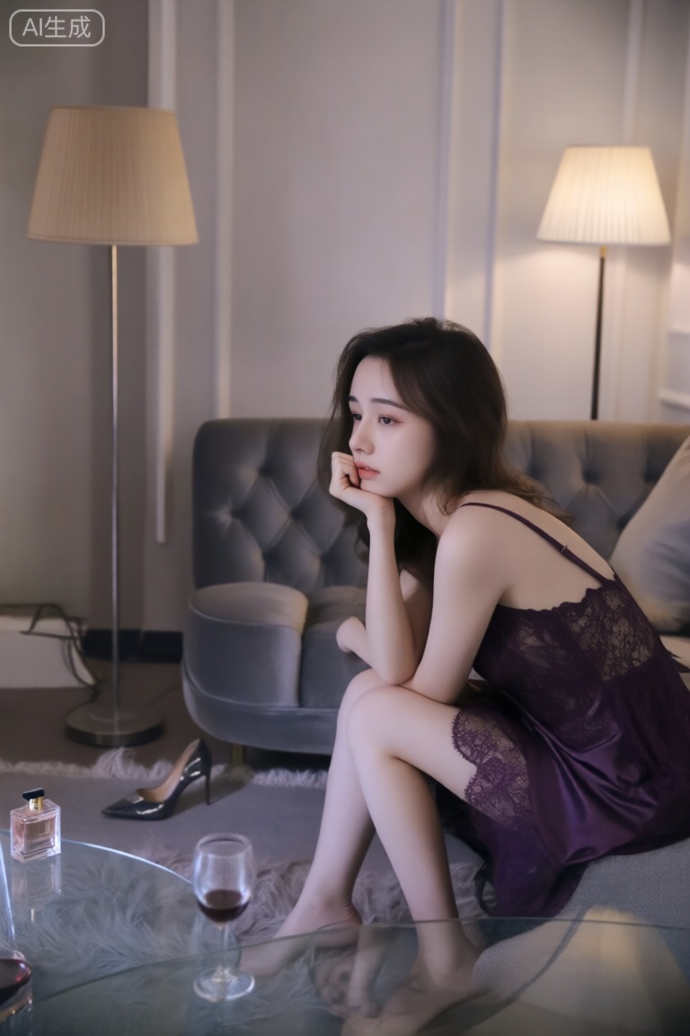 穿深紫色蕾丝缎面吊带裙,坐在沙发一角,裙子滑落至大腿根部,一条腿微抬、头发微乱、手撑着下巴,嘴唇微张、表情疲惫而挑逗,室内灯光偏昏暗,背景为高级灰绒布沙发+低饱和香槟色落地灯。沙发旁边有一只高跟鞋散落在地,地毯毛边微乱,玻璃茶几上有一支开盖香水瓶和红酒未饮完的高脚杯,整体空间私密、柔软、有余韵。