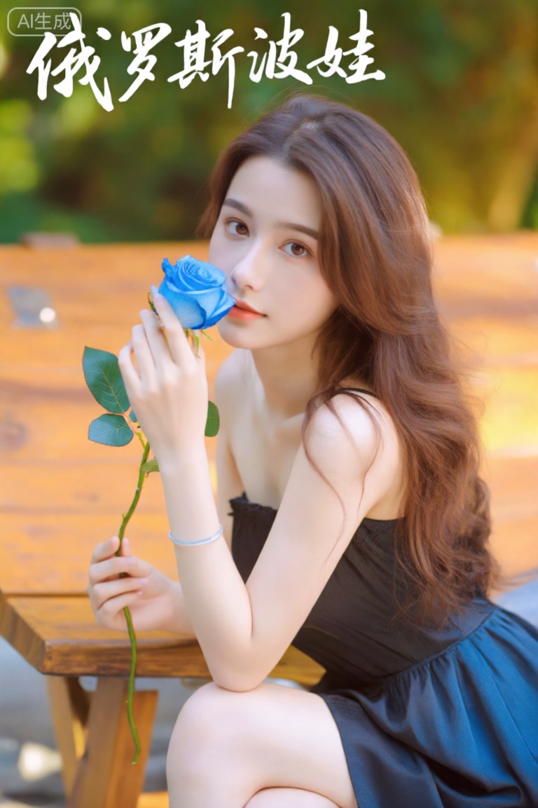 超现实温暖的电影全身拍摄摄影,柯达专业波特拉160,1个女孩,looking_at_viewer,,,逼真,,照片姿势,动态姿势,,eluosi
,良好解剖结构,真人肌肤纹理, 4K画质,完美身材,
这张照片描绘了一位年轻女子坐在木凳上,手里拿着一朵蓝玫瑰。
她穿着一件无肩带连衣裙,头发垂下来,波浪造型宽松。 
她的皮肤白皙,眼睛是深棕色的。她用右手把花举到脸上,左臂放在身边。 
图像的背景是模糊的,但它似乎是一个户外环境,可能是一个公园或花园,在阳光明媚的日子里。 
这张照片的气氛浪漫而亲密,暗示着这个女人可能在庆祝一个特殊的时刻,或者只是在享受一个安静的时刻。
, , 图片上部用白色行书书法手写字"俄罗斯波娃"。
