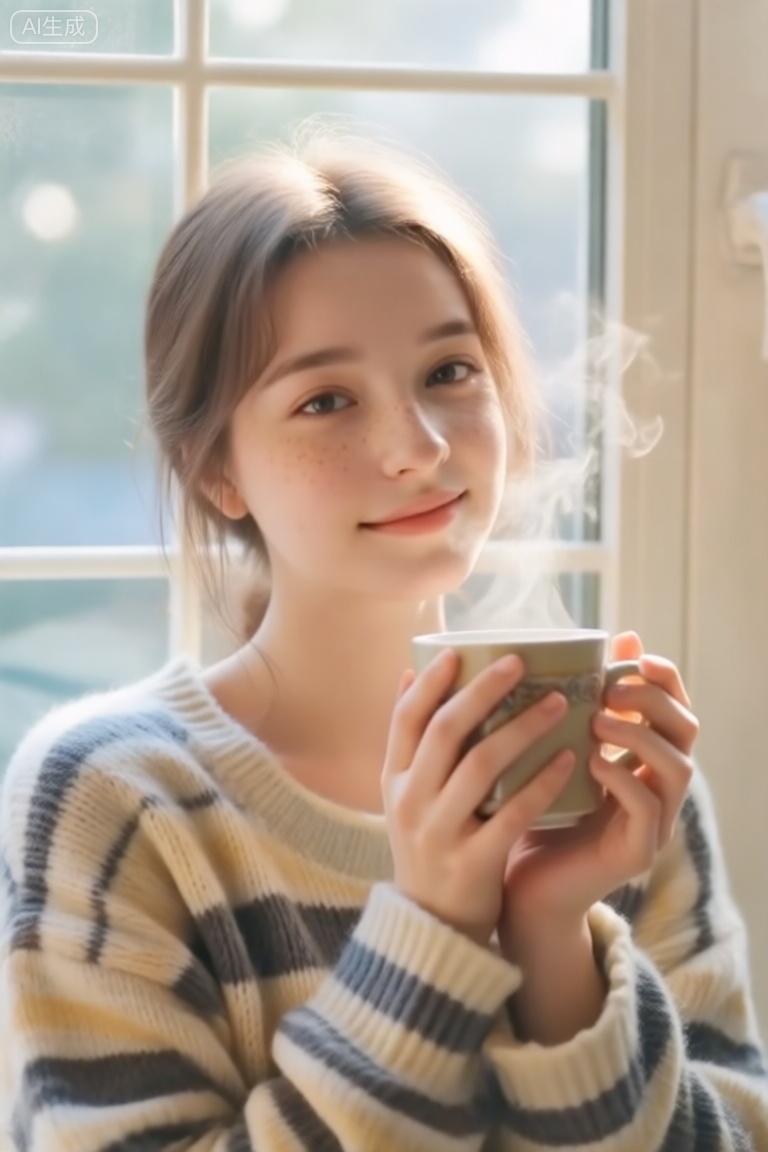eluosi,一位清新自然的邻家女孩,上半身特写,正靠在窗边。她未施粉黛,素颜出镜,皮肤白皙通透,带着淡淡的雀斑,笑容羞涩而温柔。她穿着一件宽松的条纹针织衫,双手捧着一个冒着热气的马克杯。清晨柔和的阳光从窗户斜射进来,在她的头发和睫毛上形成轮廓光,画面温馨又安静。

**摄影参数：** 环境人像,使用索尼FE 50mm f/1.8 定焦镜头拍摄,f/2.0 光圈,完美模拟人眼视角,带来亲切自然的观感。利用窗户光作为主光源,形成柔和的高光和柔和的阴影。ISO 200,快门速度1/125s。

**画质：** 高分辨率,极度真实,注重皮肤质感和毛衣的纹理,空气感十足,色调偏暖,氛围感浓郁,仿佛一张生活随拍。