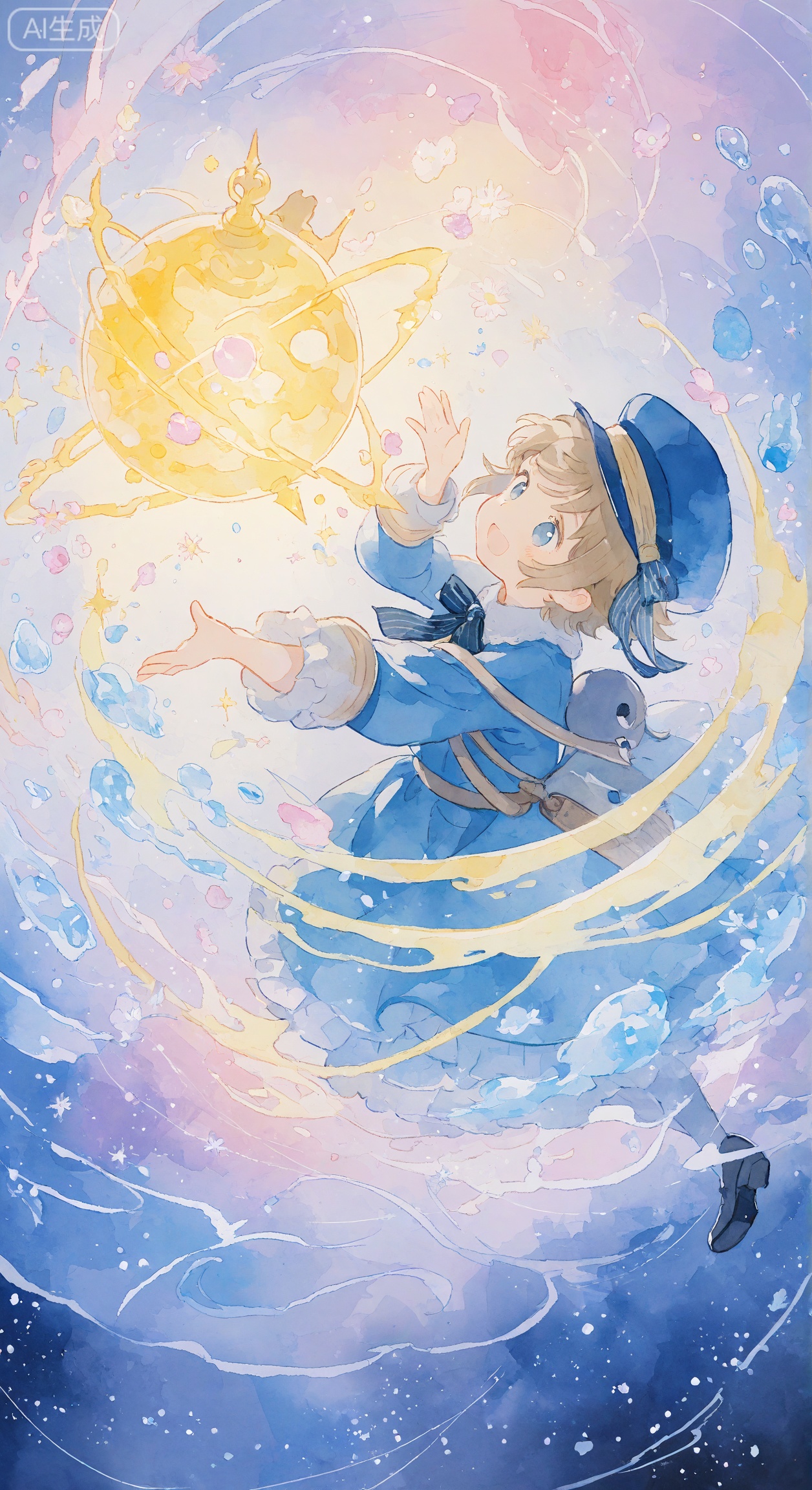 Line watercolor mix, Raymond and Matthias style, mysterious elements, creative background, "The Little Prince of Blueberry Sauce Collection"