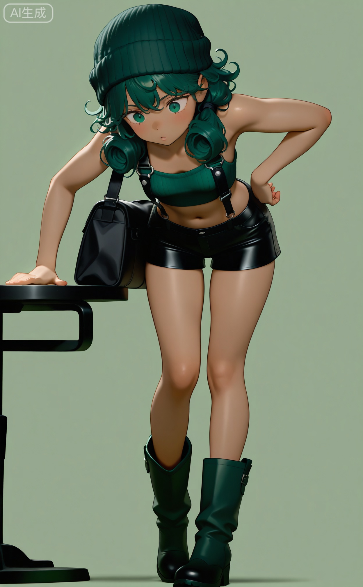 The image of a young woman, with a super realistic style, with low ponytail curly hair hanging down on one side, wearing a dark green knitted hat, wearing a dark green tight navel outfit, black leather shorts, dark green boots, a dark green armpit bag, and a hand-to-bend table top leaning over. The overall shape is sexy and neat, full of personality, the background is dark green, the movements are full of tension, captivating, and a strong sense of perspective