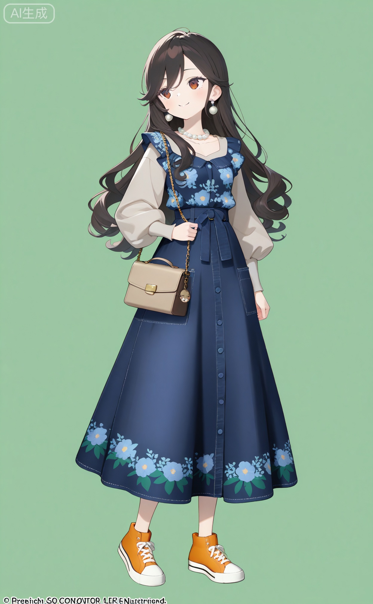New illustration style, fashionable outfit style, a 25-year-old young woman with slightly curly long hair fluffy and flowing, tall and thin characters, beautiful face, and fashionable temperament. She wore a denim long-sleeved top with a light gray inner wear, a dark blue floral chiffon long skirt with high-top orange sneakers on her feet. Pearl necklace, pearl earrings. One hand was carrying a small brown cowhide bag and the other was inserted into the pocket of the skirt. Come to the front, relaxing gait, military green background, master-level composition and color matching, picture clarity 8K,