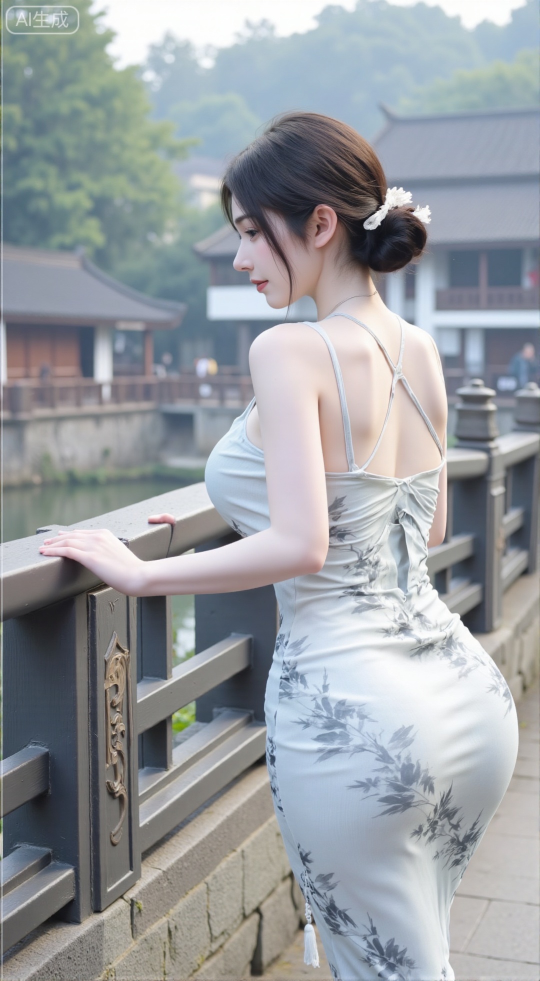  (masterpiece,best quality:1.23),A new Chinese style beauty, wearing a halter cheongsam with ink bamboo print, on a stone bridge in a Jiangnan water town, misty ancient town background, hands on railing, looking back and smiling, fresh and natural, photorealistic style,,(huge breasts, full breasts:2.99),,XXbaifengsongyuYH,Xbigbreasts,Xstripeddress,Xguofengqipao