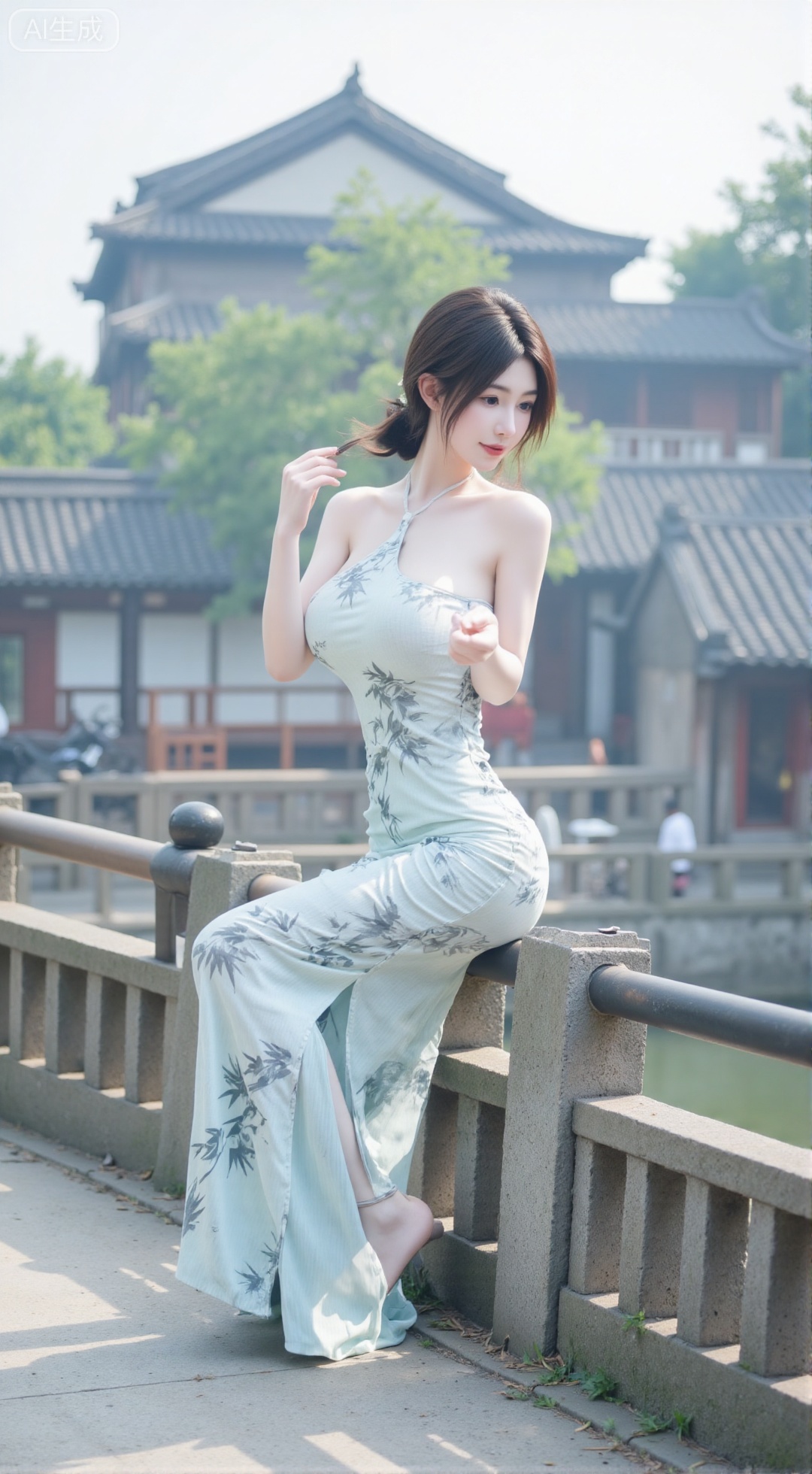  (masterpiece,best quality:1.23),A new Chinese style beauty, wearing a halter cheongsam with ink bamboo print, on a stone bridge in a Jiangnan water town, misty ancient town background, hands on railing, looking back and smiling, fresh and natural, photorealistic style,,(huge breasts, full breasts:2.99),,XXbaifengsongyuYH,Xbigbreasts,Xstripeddress,Xguofengqipao
