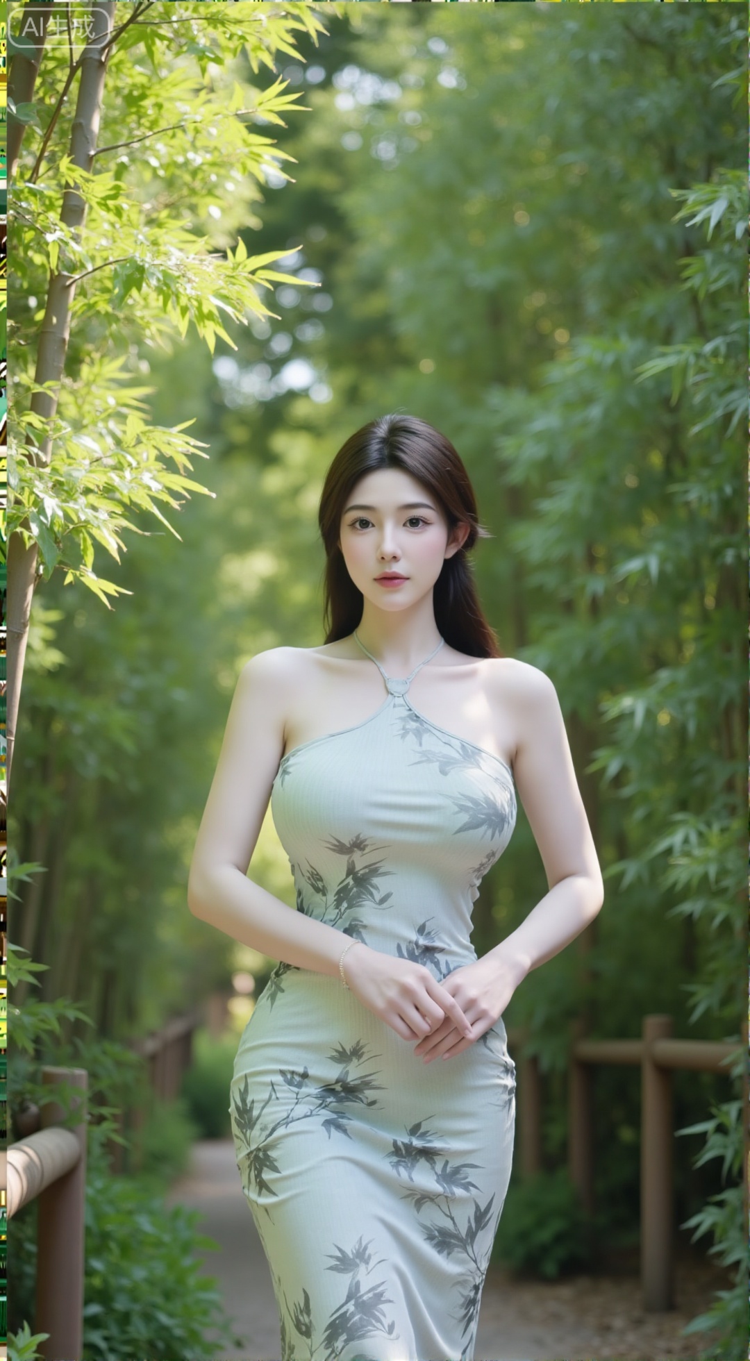 (huge breasts, full breasts:2.89),(masterpiece,best quality:1.23),a graceful Asian woman,curvy body,wearing a new Chinese style ink bamboo print halter cheongsam,standing among dense bamboo groves,sunlight filtering through bamboo leaves,misty,natural light,film grain,soft focus,cinematic lighting,(huge breasts, full breasts:2.99),XXbaifengsongyuYH,Xbigbreasts,Xstripeddress,Xguofengqipao