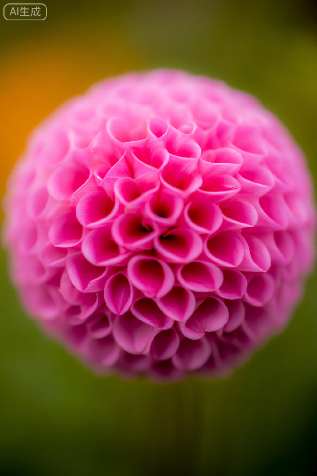 masterpiece, , The image shows a close-up of a vibrant pink dahlia flower. The dahlia is composed of numerous small, overlapping petals arranged in a spherical shape, giving it a textured and layered appearance. The petals are smooth and slightly curved, creating a soft and delicate look. The background is out of focus, featuring a mix of green and yellow hues, which suggests that the flower is in a natural, garden-like setting. The overall composition highlights the intricate details and beauty of the dahlia flower.