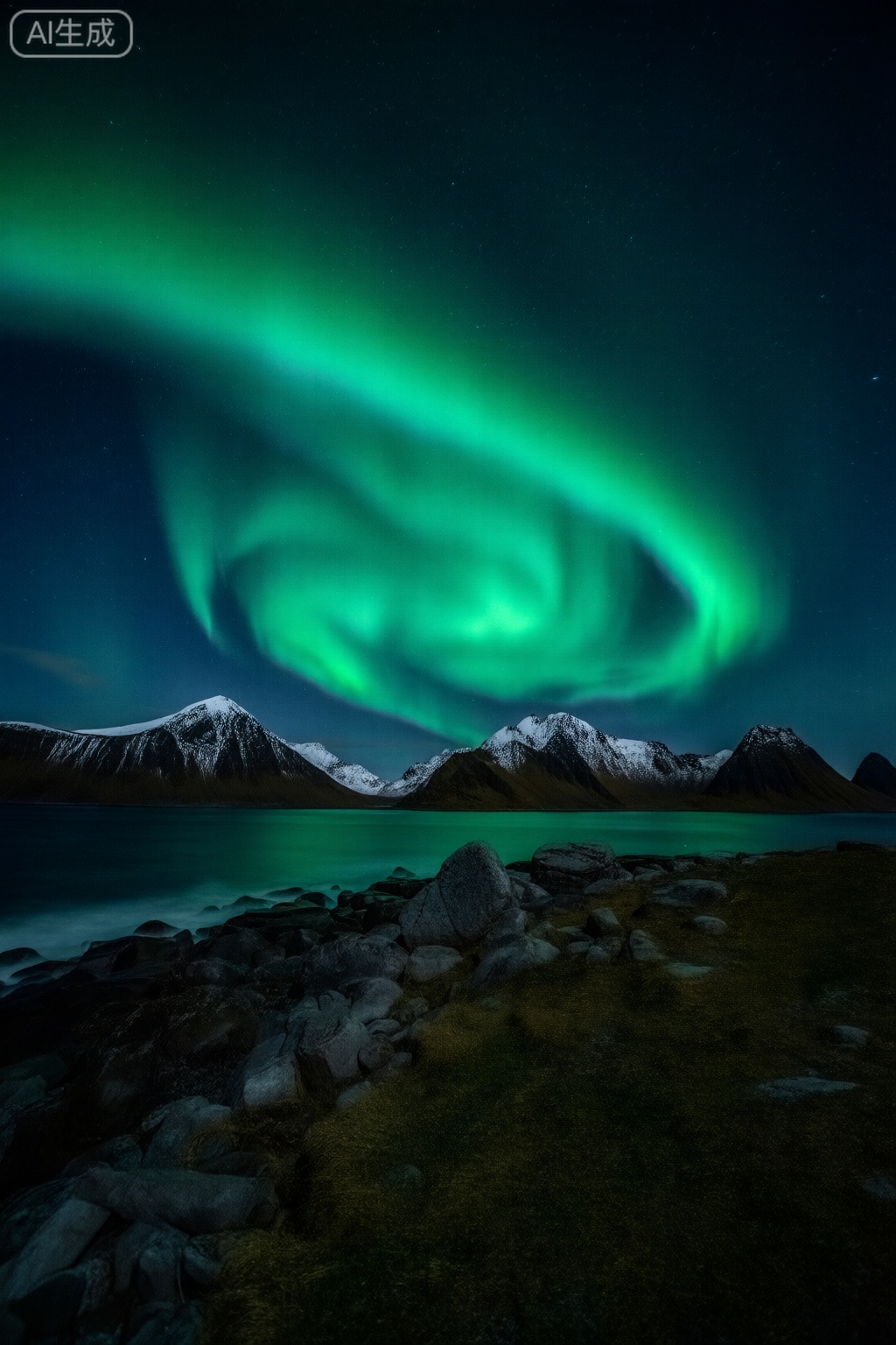 masterpiece, , The image depicts a nighttime scene with a stunning view of the Northern Lights, also known as the aurora borealis, illuminating the sky in vibrant green hues. The lights appear as curved arcs, creating a mesmerizing display above the landscape. In the foreground, there is a rocky shoreline with scattered stones and patches of grass. Beyond the shore, a body of water reflects the lights, adding to the serene and tranquil atmosphere. In the background, there are snow-capped mountains, their peaks partially obscured by the night sky. The sky is dotted with stars, enhancing the overall magical and peaceful ambiance of the scene.
