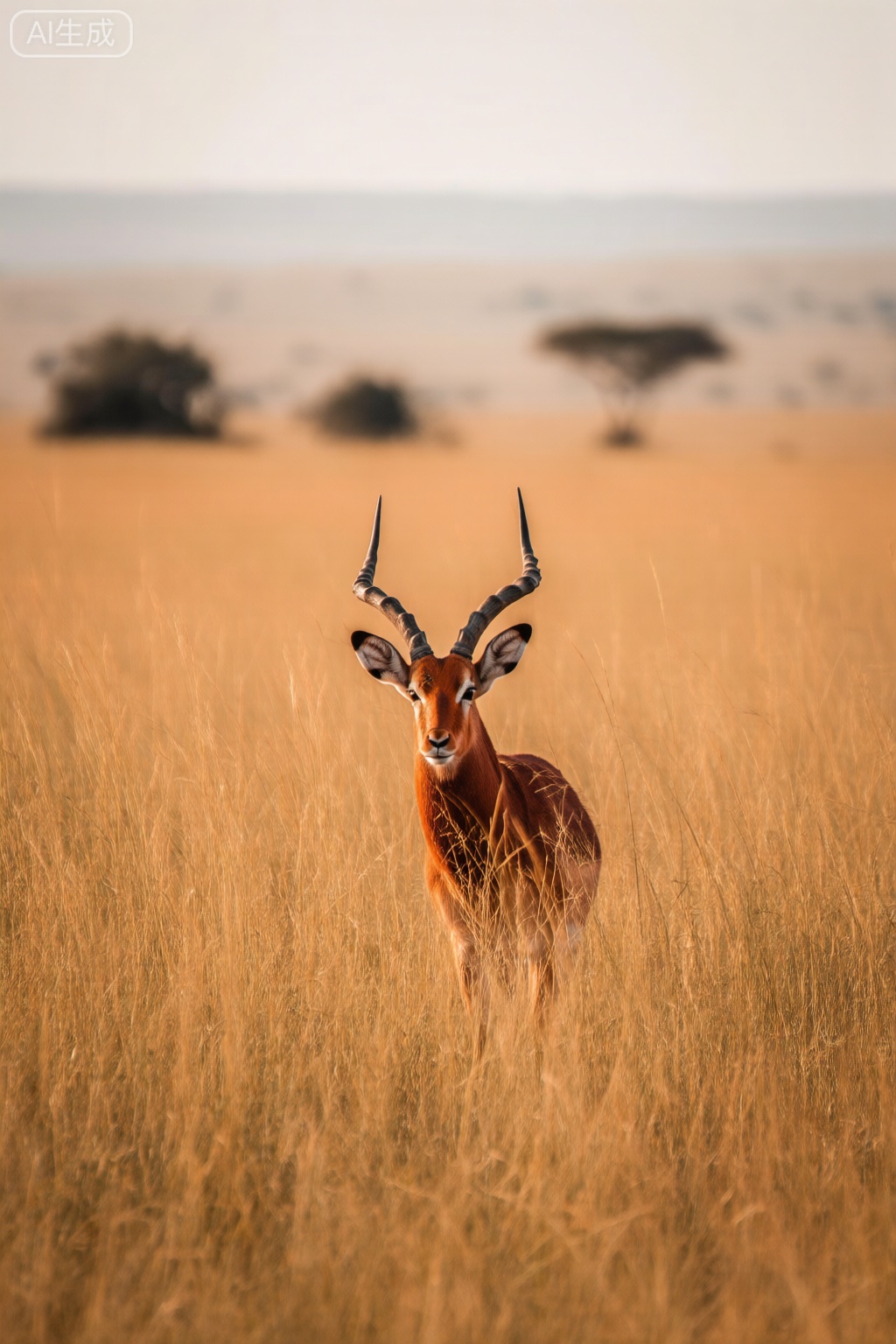 masterpiece, , The image depicts a serene savanna landscape with tall, golden grasses swaying gently in the breeze. In the foreground, there is a single antelope with prominent, curved horns standing alert and facing the camera. The antelope's fur is a rich, reddish-brown color, and its ears are perked up, indicating attentiveness. The background features a vast expanse of the savanna, with a few distant trees and a hazy sky, suggesting a warm, sunny day. The overall atmosphere is one of tranquility and natural beauty.
