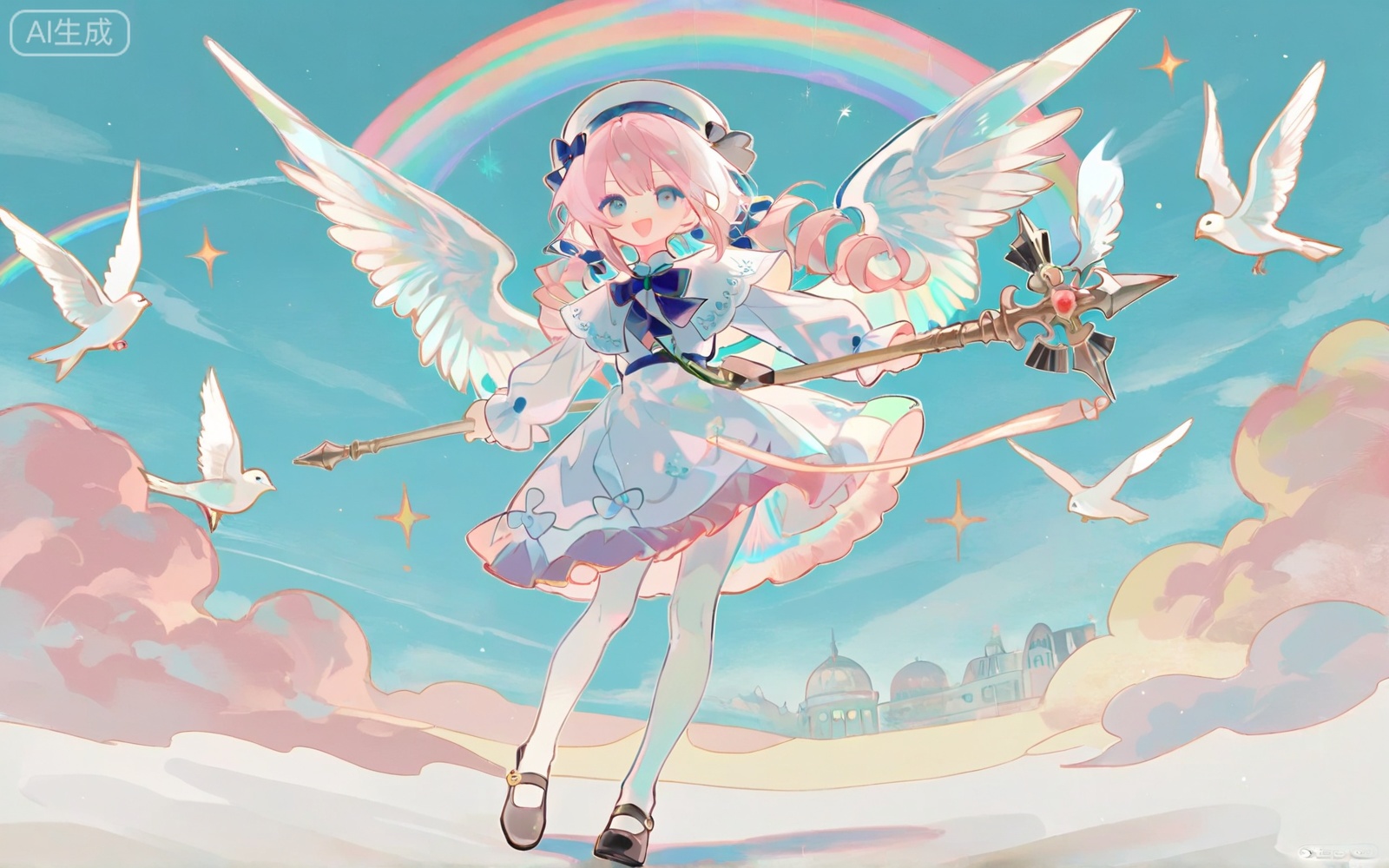 1girl, smile, open mouth, bangs, blue eyes, multiple girls, long sleeves, hat, dress, holding, twintails, full body, pink hair, pantyhose, wings, cloud, white dress, bird, drill hair, twin drills, white pantyhose, rainbow