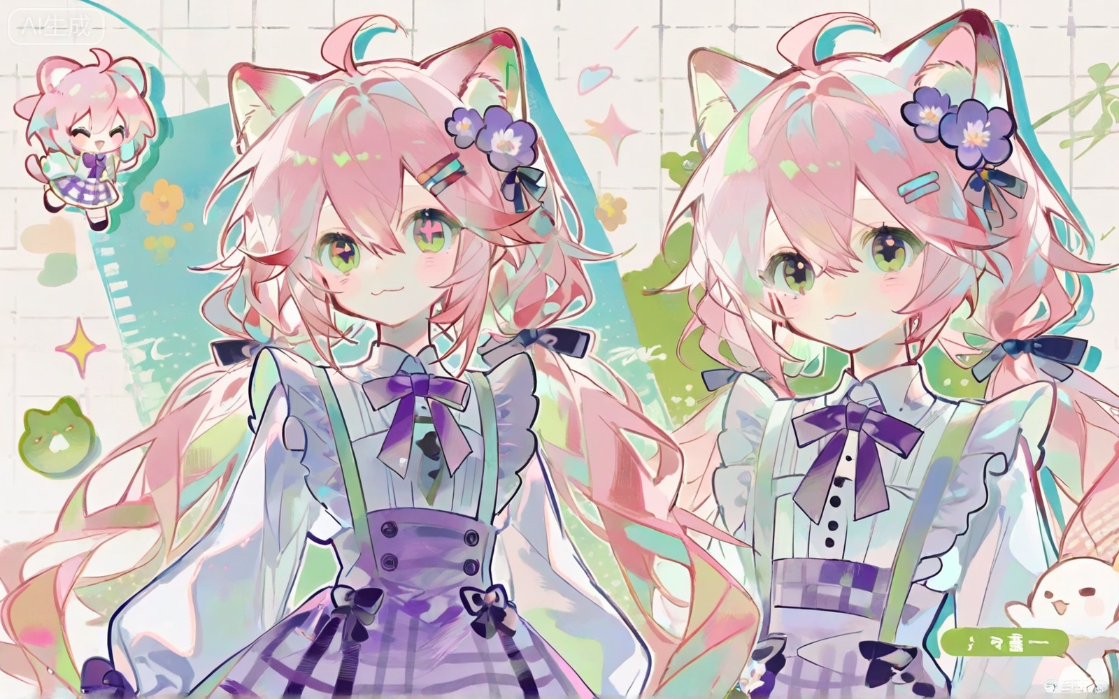 1girl, solo, long hair, looking at viewer, smile, bangs, skirt, shirt, hair ornament, long sleeves, bow, ribbon, animal ears, hair between eyes, twintails, very long hair, closed mouth, green eyes, tail, white shirt, pink hair, flower, ahoge, heart, frills, hairclip, virtual youtuber, cat ears, hair flower, bowtie, chibi, animal ear fluff, plaid, symbol-shaped pupils, :3, halo, plaid skirt, frilled skirt, puffy long sleeves, purple skirt, high-waist skirt, purple bow, purple flower