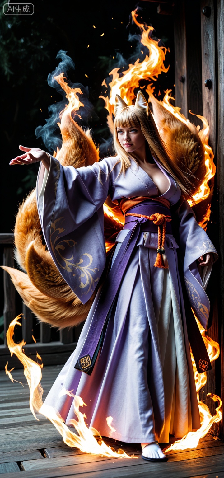 masterpiece, best quality, amazing quality, 1girl, fire swirling around hands, dark background, fantasy robes, dramatic lighting, semi-realistic style, powerful stance, balanced frame, clear focus,hyper detailed, (dynamic pose:1.4)inarimge, kitsune,kitsune, fox girl, fox ears, fox tail, multiple tails, yellow tail inarimge, blonde hair, straight hair, long hair, blunt bangs, yellow eyes, orange eyes, large breasts,
light purple kimono, japanese clothes, wide sleeves, obi, sash, tabi,