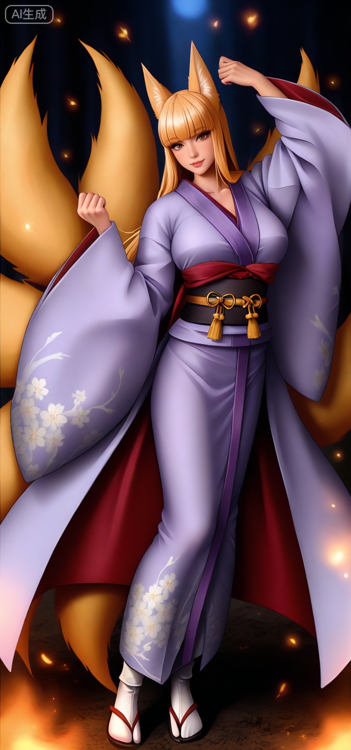 masterpiece, best quality, amazing quality, 1girl, fire swirling around hands, dark background, fantasy robes, dramatic lighting, semi-realistic style, powerful stance, balanced frame, clear focus,hyper detailed, (dynamic pose:1.4),inarimge, kitsune,kitsune, fox girl, fox ears, fox tail, multiple tails, yellow tail inarimge, blonde hair, straight hair, long hair, blunt bangs, yellow eyes, orange eyes, large breasts,
light purple kimono, japanese clothes, wide sleeves, obi, sash, tabi,,devil_carnival,devil_carnival\(card)\