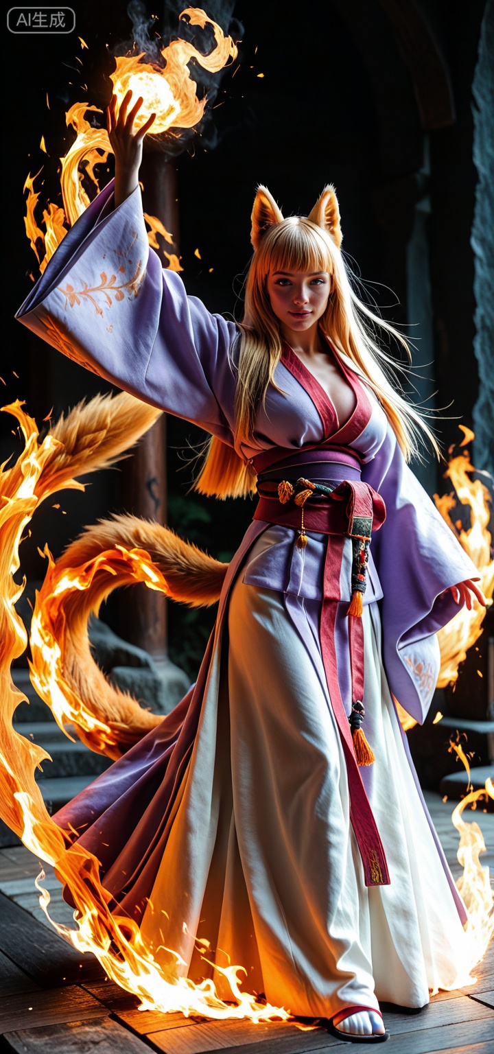 masterpiece, best quality, amazing quality, 1girl, fire swirling around hands, dark background, fantasy robes, dramatic lighting, semi-realistic style, powerful stance, balanced frame, clear focus,hyper detailed, (dynamic pose:1.4)inarimge, kitsune,kitsune, fox girl, fox ears, fox tail, multiple tails, yellow tail inarimge, blonde hair, straight hair, long hair, blunt bangs, yellow eyes, orange eyes, large breasts,
light purple kimono, japanese clothes, wide sleeves, obi, sash, tabi,
