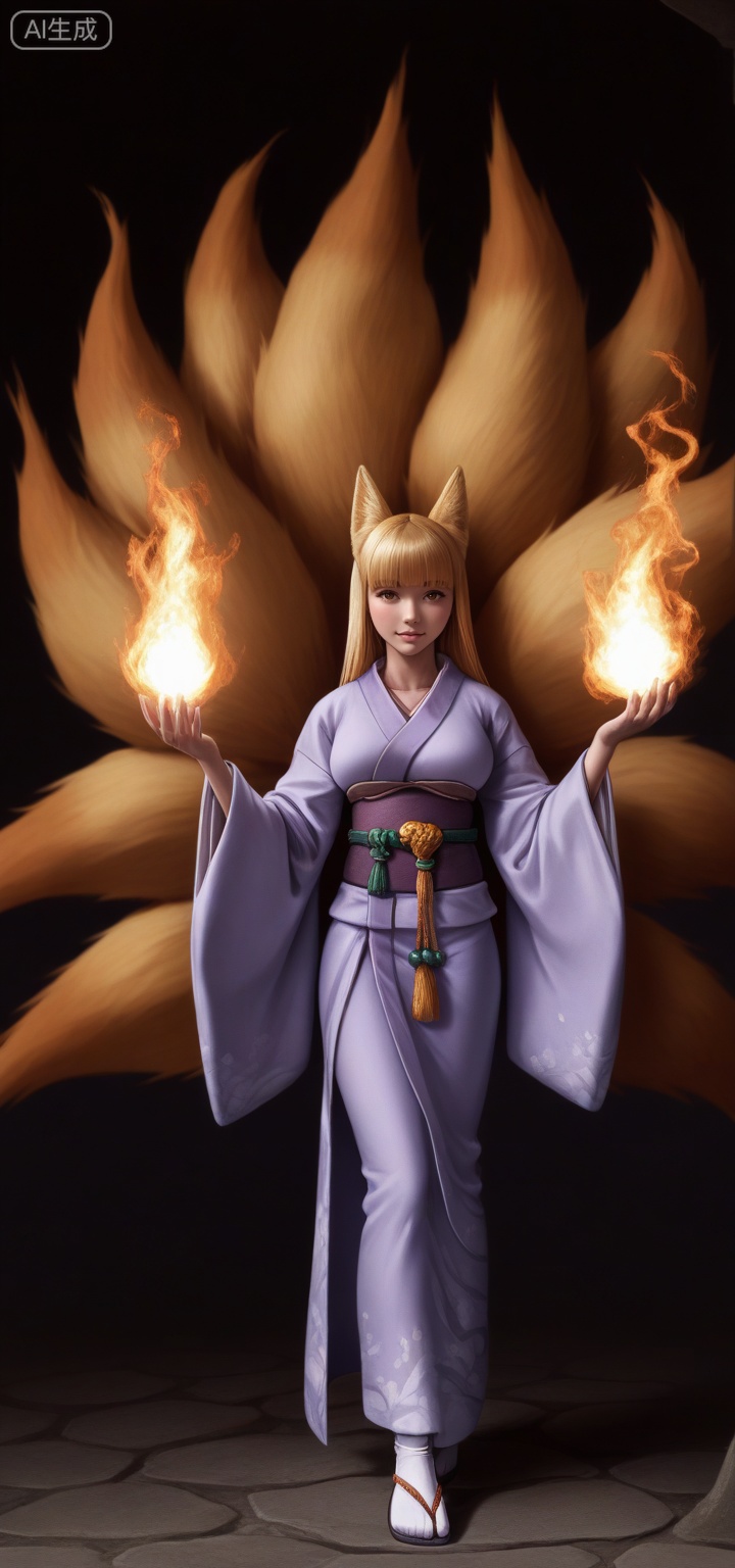 masterpiece, best quality, amazing quality, 1girl, fire swirling around hands, dark background, fantasy robes, dramatic lighting, semi-realistic style, powerful stance, balanced frame, clear focus,hyper detailed, (dynamic pose:1.4),inarimge, kitsune,kitsune, fox girl, fox ears, fox tail, multiple tails, yellow tail inarimge, blonde hair, straight hair, long hair, blunt bangs, yellow eyes, orange eyes, large breasts,
light purple kimono, japanese clothes, wide sleeves, obi, sash, tabi,