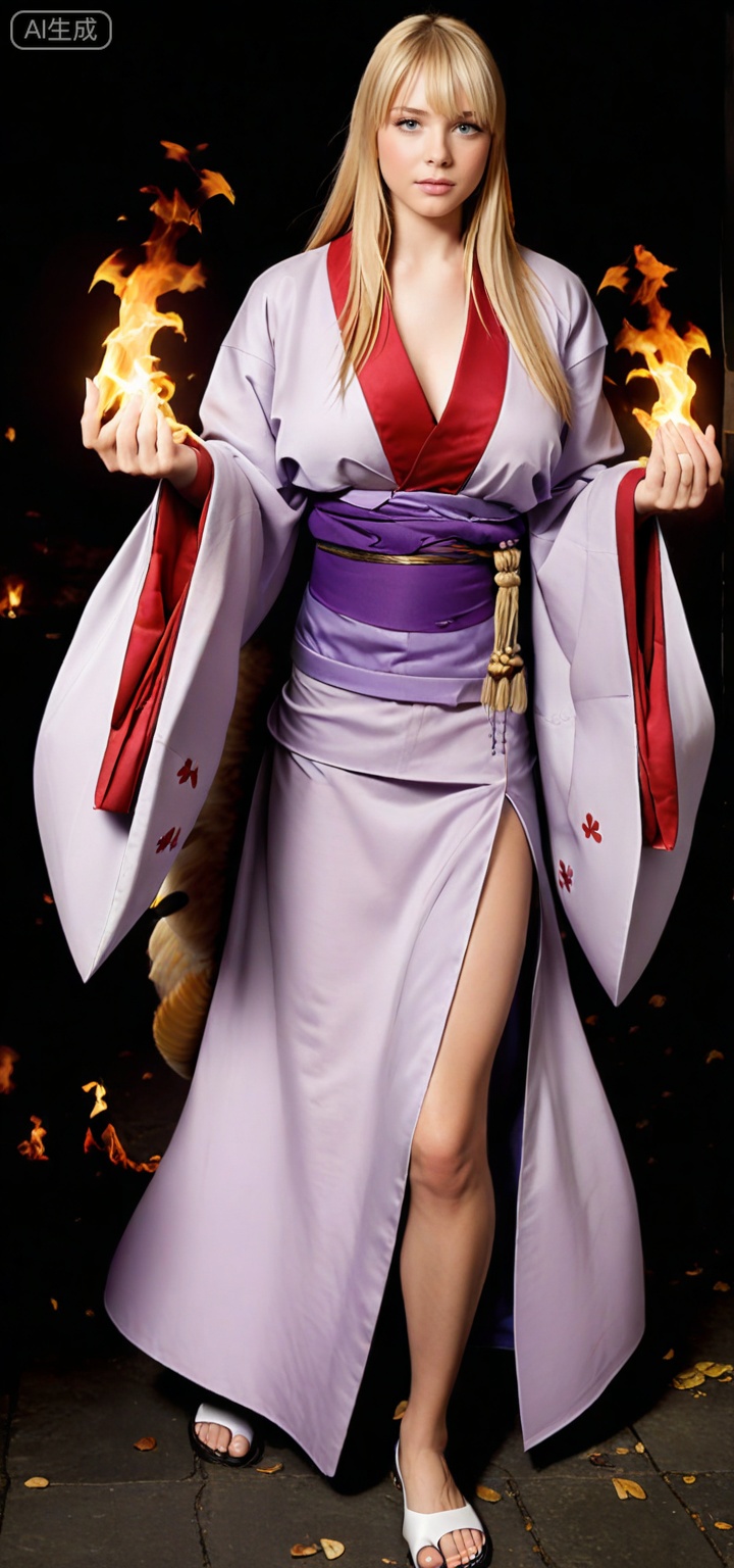 masterpiece, best quality, amazing quality, 1girl, fire swirling around hands, dark background, fantasy robes, dramatic lighting, semi-realistic style, powerful stance, balanced frame, clear focus,hyper detailed, (dynamic pose:1.4),inarimge, kitsune,kitsune, fox girl, fox ears, fox tail, multiple tails, yellow tail inarimge, blonde hair, straight hair, long hair, blunt bangs, yellow eyes, orange eyes, large breasts,
light purple kimono, japanese clothes, wide sleeves, obi, sash, tabi,,devil_carnival,devil_carnival\(card)\