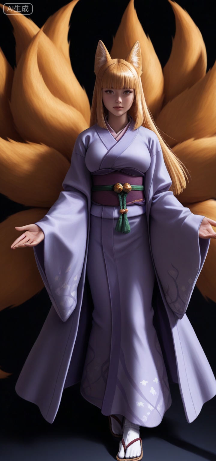 masterpiece, best quality, amazing quality, 1girl, fire swirling around hands, dark background, fantasy robes, dramatic lighting, semi-realistic style, powerful stance, balanced frame, clear focus,hyper detailed, (dynamic pose:1.4),inarimge, kitsune,kitsune, fox girl, fox ears, fox tail, multiple tails, yellow tail inarimge, blonde hair, straight hair, long hair, blunt bangs, yellow eyes, orange eyes, large breasts,
light purple kimono, japanese clothes, wide sleeves, obi, sash, tabi,