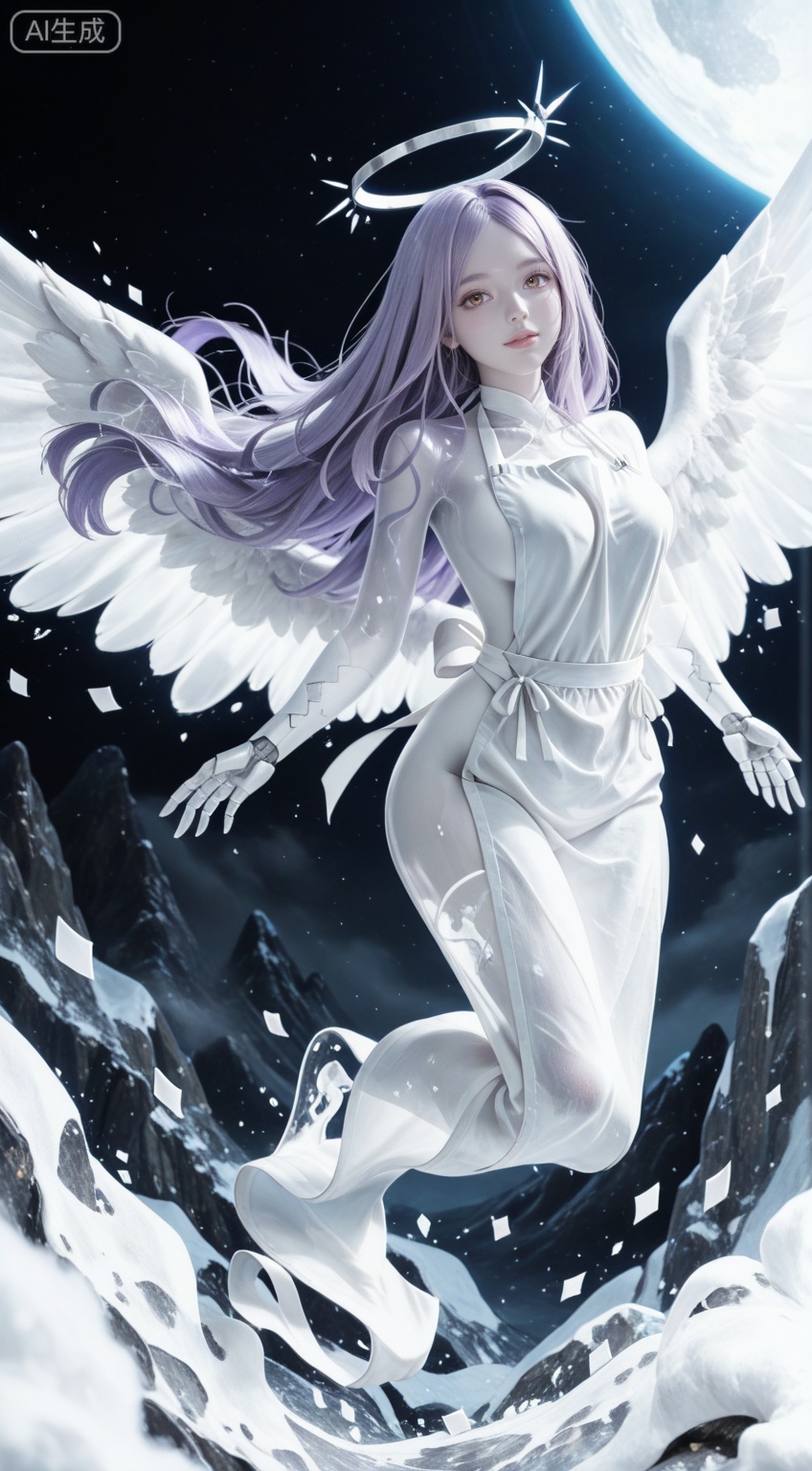 1girl,blue archive,-halo,:d,smile, long hair, purple hair, yellow eyes, angel's wings, BREAK (good anatomy:1.2)
Dreamweaver Aesthetics,Dreamweaver Aesthetics, Holographic digital art oil painting,silver and white,cool tone,hazy matte acidic particle texture image,three floating silver giant mechanical whales in the air,hollow mountain style,simple science fiction background,ittanmomenmge,ittanmomenmge, ghost, ghost tail, white skin, colored skin, see-through, floating, no hands, wind,Long hair, green eyes,white apron, naked apron