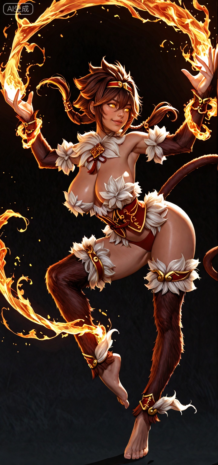 masterpiece, best quality, amazing quality, 1girl, fire mage, flaming eyes, fire swirling around hands, dark background, fantasy robes, dramatic lighting, semi-realistic style, powerful stance, Medium Shot, subject waist-up, balanced frame, clear focus,hyper detailed, (dynamic pose:1.4)kakuenmge, monkey girl,monkey girl, monster girl, monkey tail,fur, chest tuft, chest fur, facial mark,monkey ears, leg fur, arm,kakuenmge, brown hair, grey highlights, long hair, yellow eyes, large breasts, barefoot,red panties, jewelry, amulet, headband, hair ornament, viristband, anklet, tail ornament