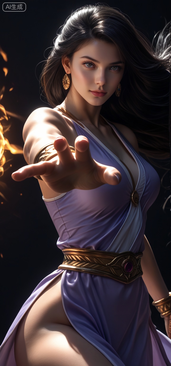 masterpiece, best quality, amazing quality, 1girl, fire swirling around hands, dark background, fantasy robes, dramatic lighting, semi-realistic style, powerful stance, balanced frame, clear focus,hyper detailed, (dynamic pose:1.4)LUNALUNA QUEENS BLADE REBELLION, LONG HAIR, BLACK HAIR, BLUE EYES, EARRINGS, WHITE SKINNED (SUN DANCER FORM).FEMALE, WELL ENDOWED, THICK THIGHS WIDE HIPS, EXTREMELY SEXY, BLESSED WITHA GREAT FIGURE