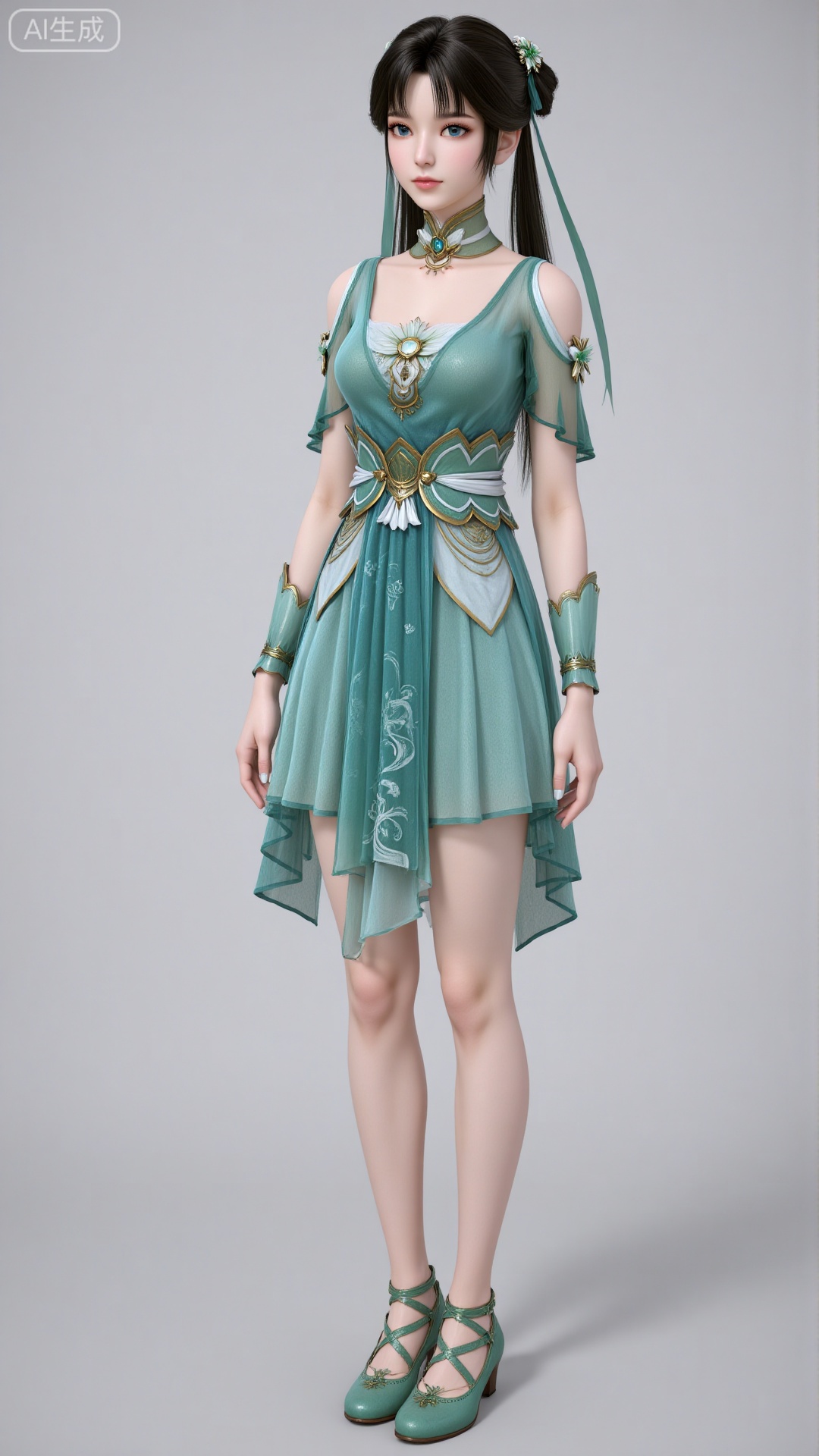 3d_character_biyao 1girl solo long hair blue eyes black hair hair ornament dress ribbon full body hair bun bare legs green dress 3D rendering realistic character detailed texture smooth shading twintails hairband