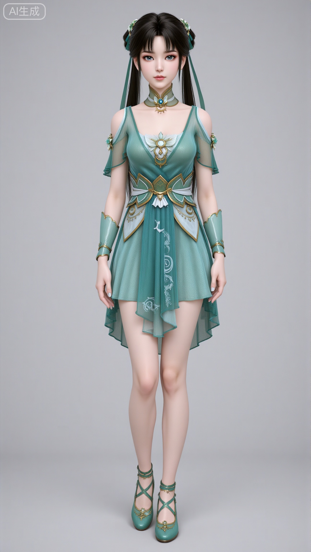 3d_character_biyao 1girl solo long hair blue eyes black hair hair ornament dress ribbon full body hair bun bare legs green dress 3D rendering realistic character detailed texture smooth shading twintails hairband