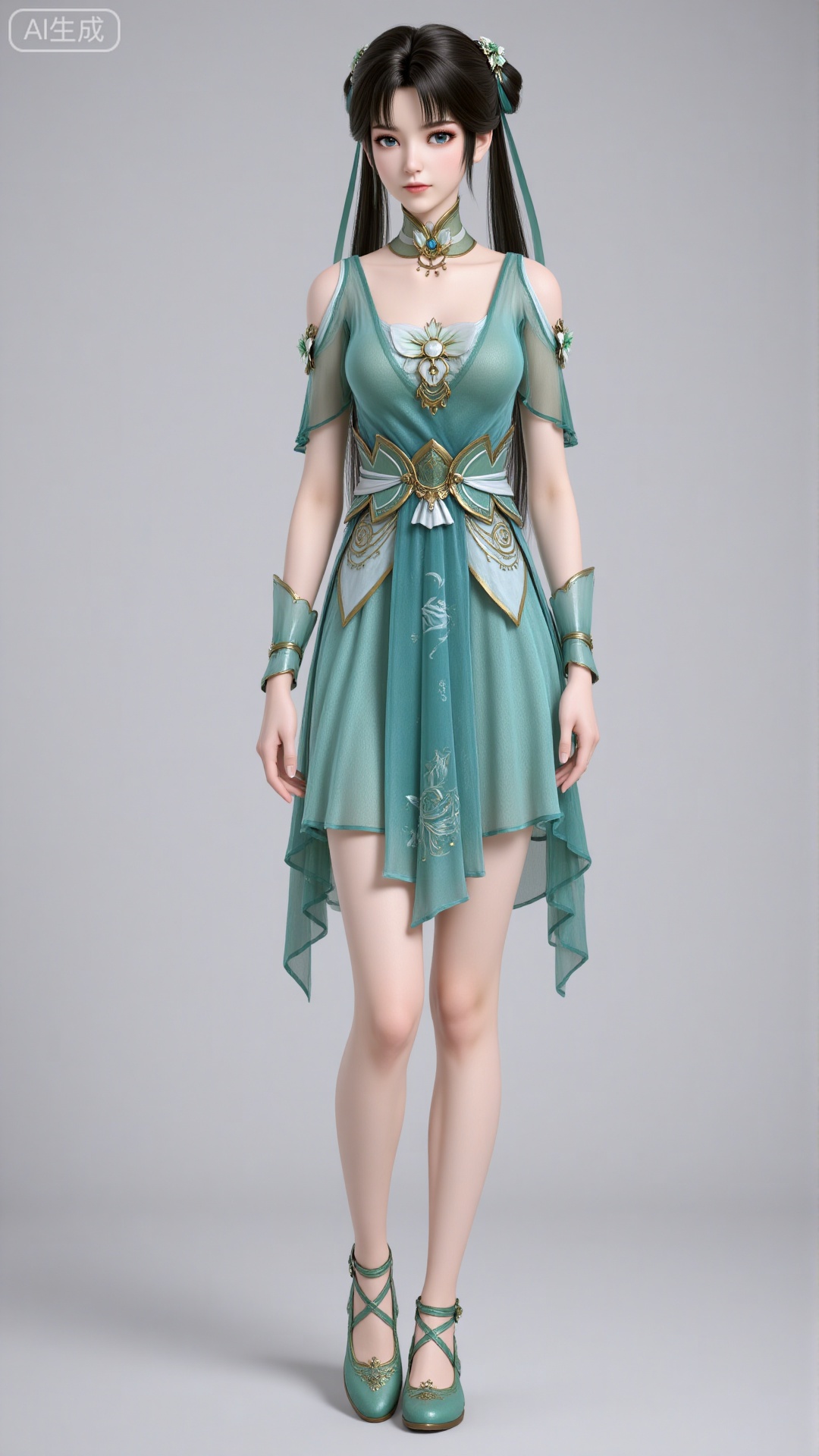3d_character_biyao 1girl solo long hair blue eyes black hair hair ornament dress ribbon full body hair bun bare legs green dress 3D rendering realistic character detailed texture smooth shading twintails hairband