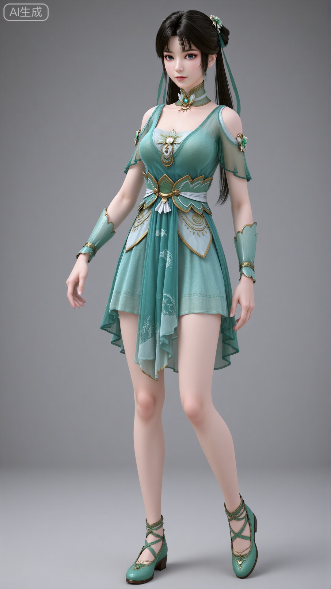 3d_character_biyao 1girl solo long hair blue eyes black hair hair ornament dress ribbon full body hair bun bare legs green dress 3D rendering realistic character detailed texture smooth shading twintails hairband