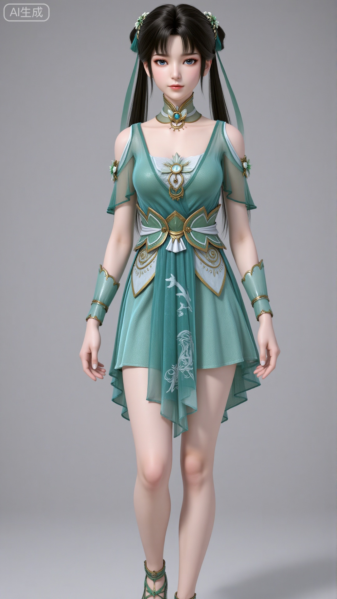 3d_character_biyao 1girl solo long hair blue eyes black hair hair ornament dress ribbon full body hair bun bare legs green dress 3D rendering realistic character detailed texture smooth shading twintails hairband