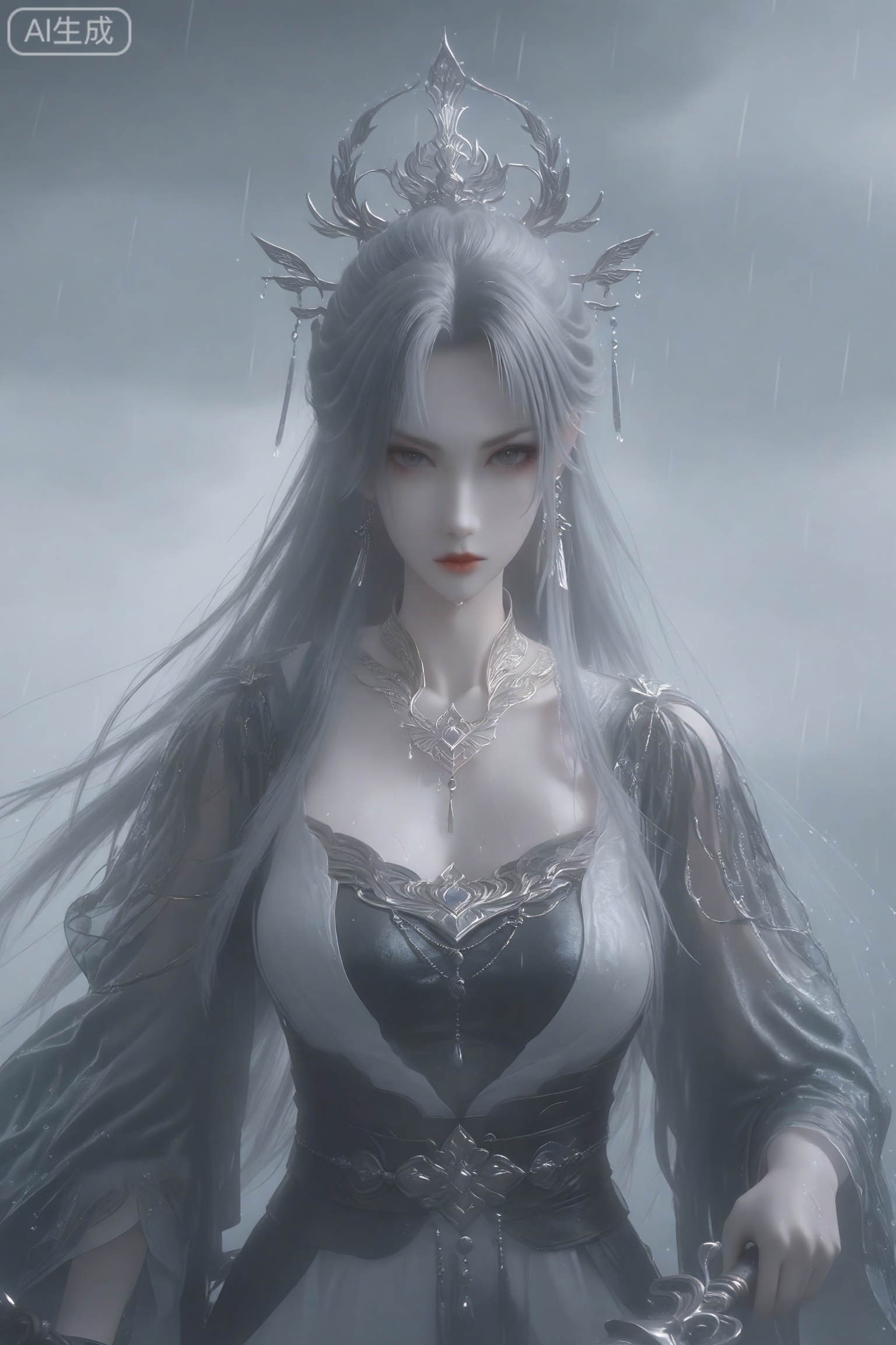 1girl, weapon, sword, rain, long hair, hair ornament, holding, solo, dress, hair bun, holding weapon, holding sword, upper body, jewelry, grey hair, looking at viewer