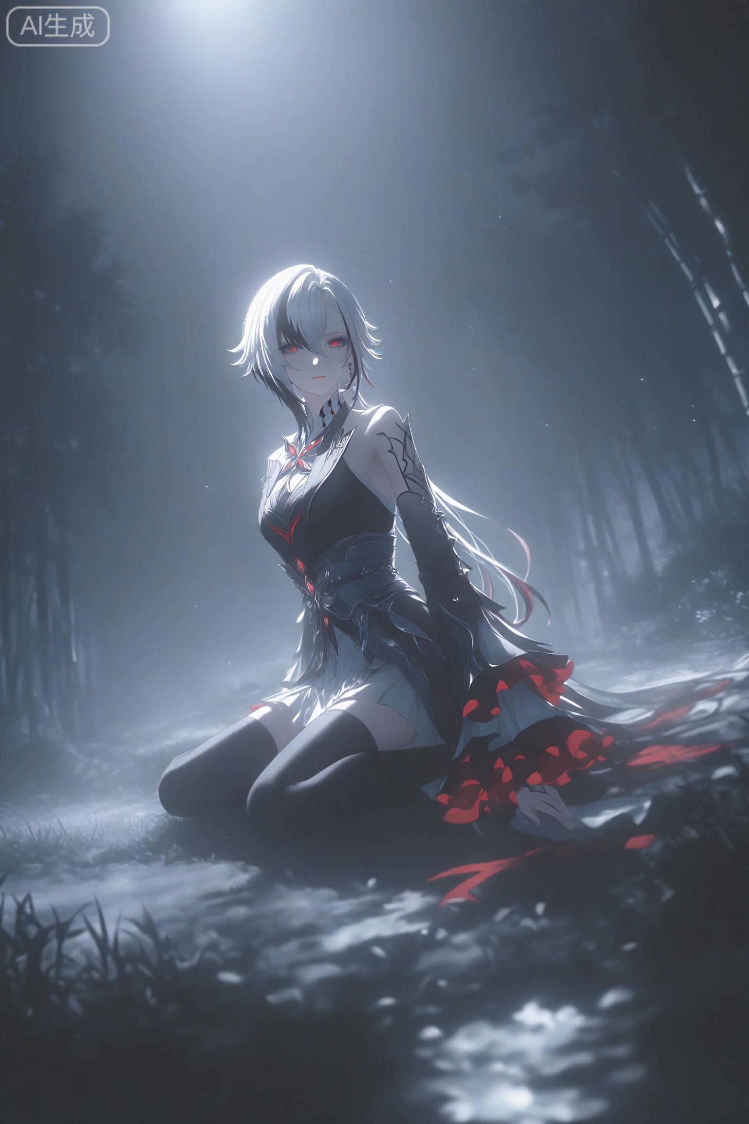 best_quality,masterpiece,(yoneyama mai:0.5),(WANKE:0.5),(noyu (noyu23386566):0.5),cute painting style,dark,low light,darkness,Arlecchino \(genshin impact\),1girl,solo,white hair,pale skin,wide shot,dynamic angle,black kimono,short kimono,sleeveless kimono,detached sleeves,wide sleeves,intricate embroidery,sash,obi,black thighhighs,outdoors,moonlight,bamboo forest,grass,nature,wariza,night,dimly lit,starry sky,volumetric lighting,intricate details,8k