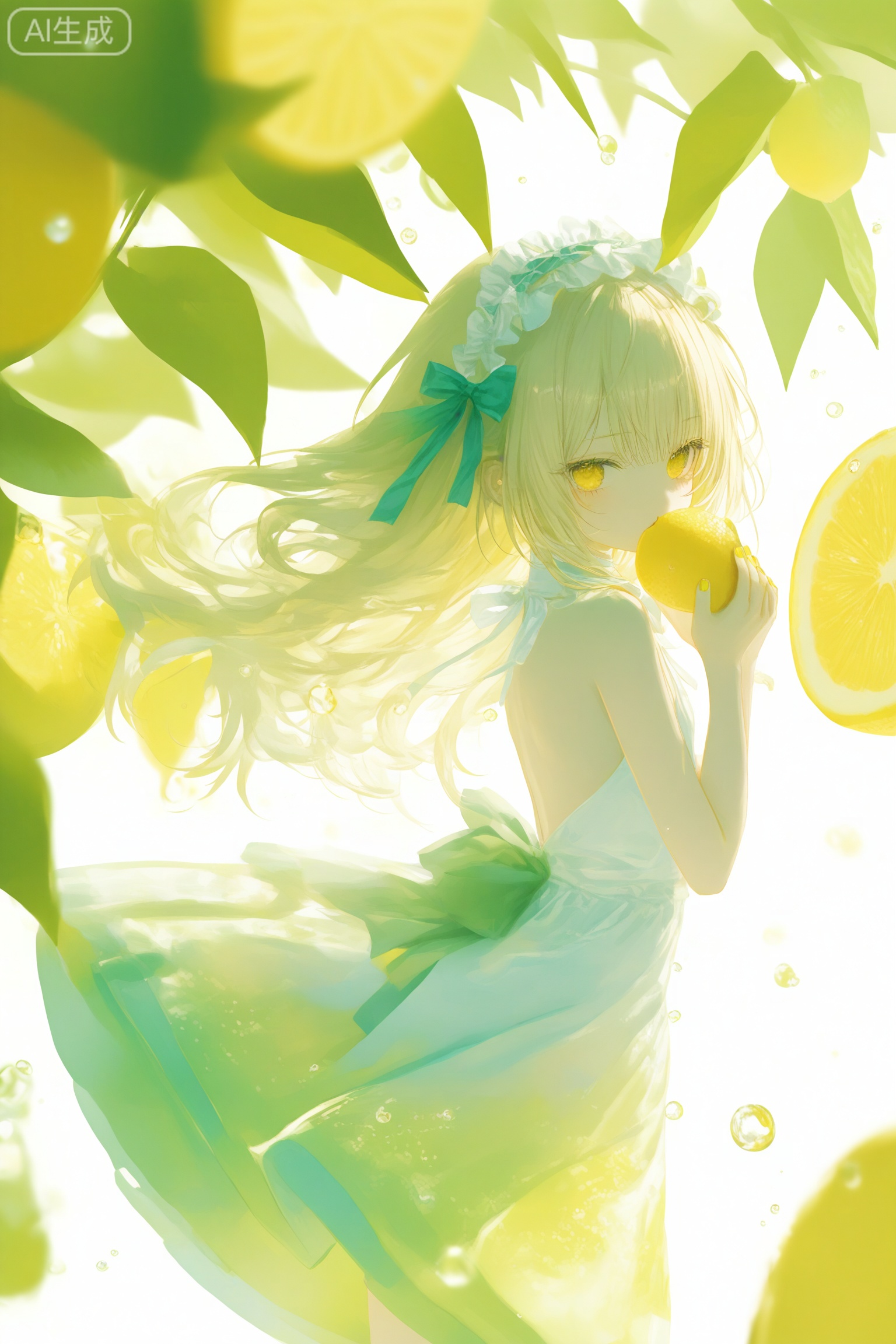masterpiece,very aware,highres,absurdres,newest,best quality,loli,petite,high quality,chromatic_aberration,cinematic_angle,dutch angle,blurry_foreground,
//,
1girl, food, fruit, lemon, solo, dress, looking_at_viewer, lemon_slice, white_dress, yellow_eyes, long_hair, water_drop, ribbon, holding_food, yellow_nails, sleeveless_dress, white_background, nail_polish, white_hair, bare_shoulders, hairband, sleeveless, legs_up, backless_dress, holding, blonde_hair, lime_\(fruit\), breasts, hair_ribbon, from_side, holding_fruit, bare_arms, green_ribbon, backless_outfit, water, eating, looking_to_the_side, green_nails, simple_background
//, 
photorealistic,Artist:na-ga,(quasarcake:0.2),(wanke:0.9),[Artist:chen bin],Artist:tidsean,[Artist:sk (askzy)],(artist:tokkyu:0.5),(artist:momoko \(momopoco\):0.5),himitsu_(hi_mi_tsu_2),