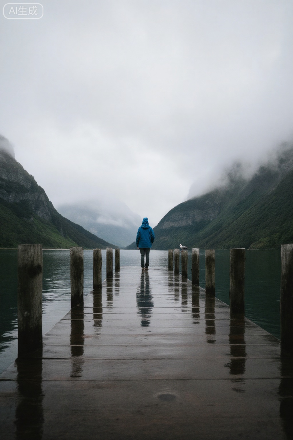 masterpiece, , The image depicts a person standing on a wooden dock that stretches into a calm body of water, surrounded by mountains shrouded in mist. The dock is wet, suggesting recent rain, and the person is wearing a blue hooded jacket. To the right of the dock, a seagull perches on one of the wooden posts. The sky is overcast, with clouds hanging low over the mountains, creating a serene and somewhat mysterious atmosphere. The dock leads to a peaceful lake, and the surrounding landscape is lush and green, with the mountains rising steeply on either side.

