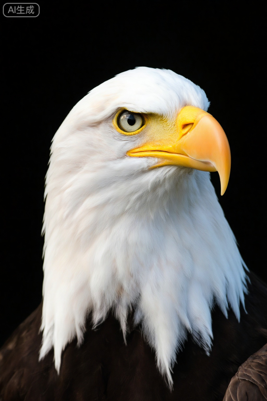masterpiece, , The image shows a close-up of a bald eagle, a bird of prey known for its striking white head and yellow beak. The eagle's eye is prominent, with a sharp, focused gaze. The feathers around the neck are white, transitioning to dark brown on the body, which is partially visible. The background is dark, likely to highlight the eagle's features and create a dramatic contrast. The image captures the eagle's majestic and regal appearance, emphasizing its powerful presence.

