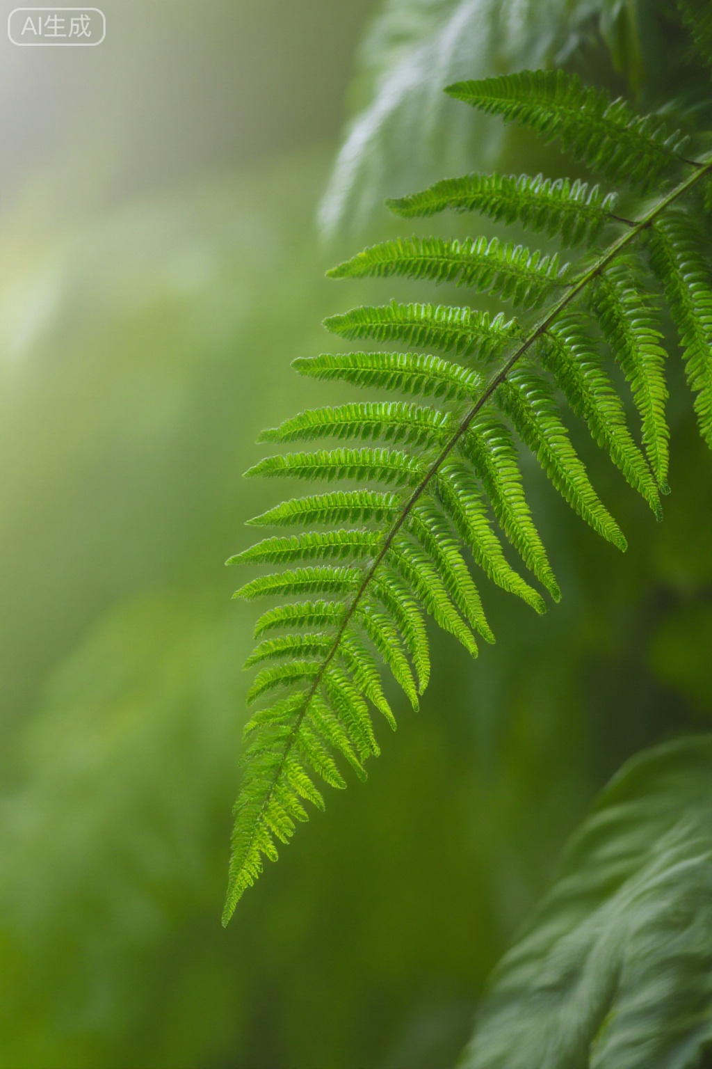 masterpiece, , The image shows a close-up view of a fern, with its delicate, feathery fronds prominently displayed in the foreground. The fronds are a vibrant green color, with intricate patterns and small leaf-like structures that create a sense of texture and detail. The background is blurred, creating a bokeh effect that helps to emphasize the sharpness and clarity of the fern in the foreground. The overall composition is natural and serene, capturing the beauty of the fern in a lush, green environment.
